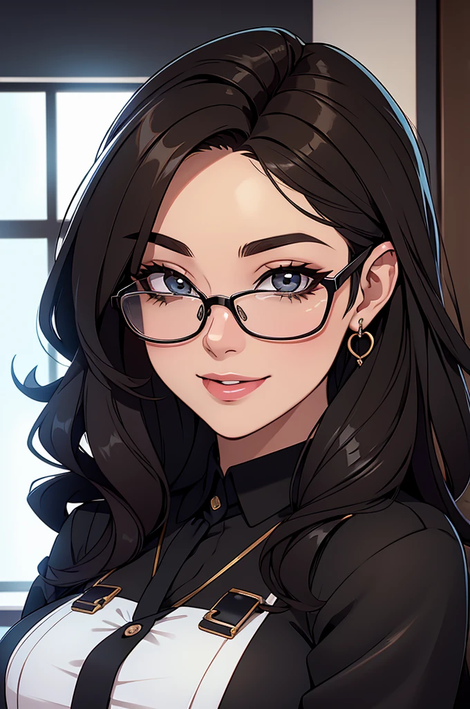 uma linda secretaria usando oculos, num escritorio a noite usando sai curta, usando meias longas pretas,belo sorriso belos olhos negros