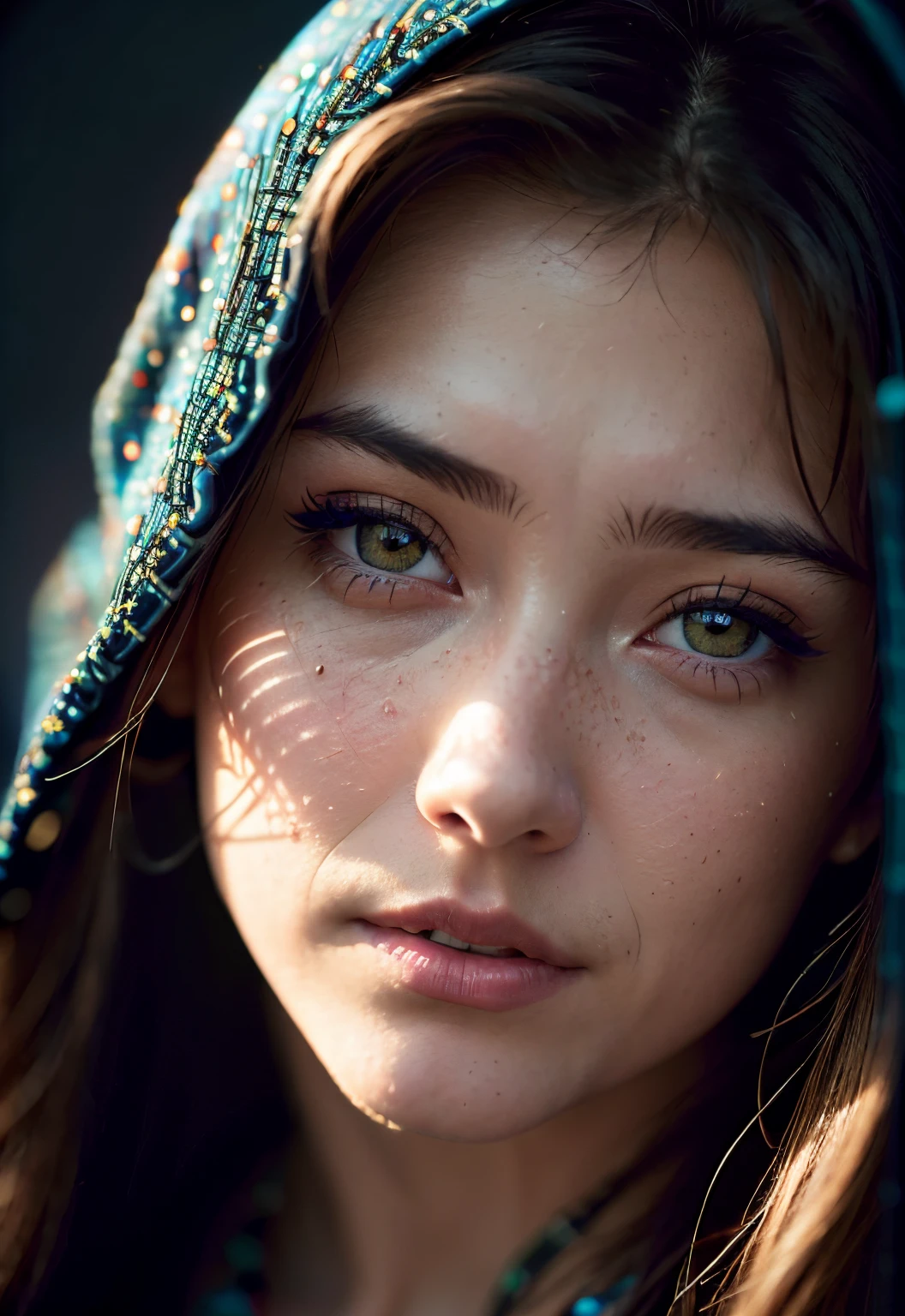 Raw photography、22-year-old girl、Blue Hoodie、(1girl in)、(realisitic)、(Photorealsitic:1.5)、lipsticks、hitornfreckles、Multicolor Hair、a choker、(Raw photography、8K UHD、film grains)、Sharp eyeliner、Blush eyeshadow with thick eyelashes、extremely delicate and beautiful、8K、(Soft lighting)、hightquality、hight resolution、foco nítido、ighly detailed、during the day、(sunlight on face)、beatiful detailed eyes、 extremely detailed eye and face、masterpiece、(lighting like a movie)、(high-detail skin:1.2)、8K UHD、Digital SLR、Soft lighting、hightquality、film grains、masterpiece, top-quality, hightquality, hight resolution