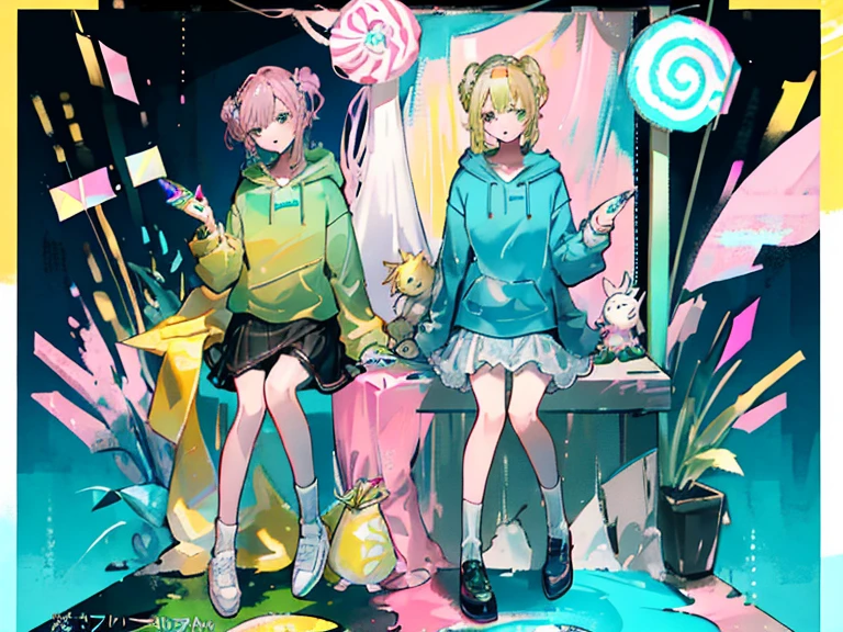 supreme， green down jacket，lime color hair，pink eyes，Standing on your feet，submachine gun，Detailed Genshin graphics，anime character design，anime concept art，pretty anime character design，anime character reference sheet，[Character design]，1girl in, ((Character information)、(Chara Leaf)、pastel dimmed colors, (Yellow color palette.:1.2, Blue:1.2, Pink:1.2), (Blue hair bun and blonde), Short fashionable skirt, Sitting on a throne of sweets and pastries, For example, doughnut, splash, candy, Lollipop, lollipop cane, a cake, cupcake, Cake Pop, Ruffles and lace, polka dot,(Lush pastel dresses), petite girl,Type sheet, Character Sheets, Three types，Shot Full Body，Game Character Design, green color, Green hoodie，