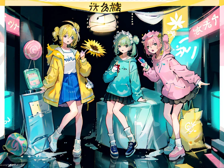 supreme， green down jacket，lime color hair，pink eyes，Standing on your feet，submachine gun，Detailed Genshin graphics，anime character design，anime concept art，pretty anime character design，anime character reference sheet，[Character design]，1girl in, ((Character information)、(Chara Leaf)、pastel dimmed colors, (Yellow color palette.:1.2, Blue:1.2, Pink:1.2), (Blue hair bun and blonde), Short fashionable skirt, Sitting on a throne of sweets and pastries, For example, doughnut, splash, candy, Lollipop, lollipop cane, a cake, cupcake, Cake Pop, Ruffles and lace, polka dot,(Lush pastel dresses), ite girl,Type sheet, Character Sheets, Three types，Shot Full Body，Game Character Design, green color, Green hoodie，