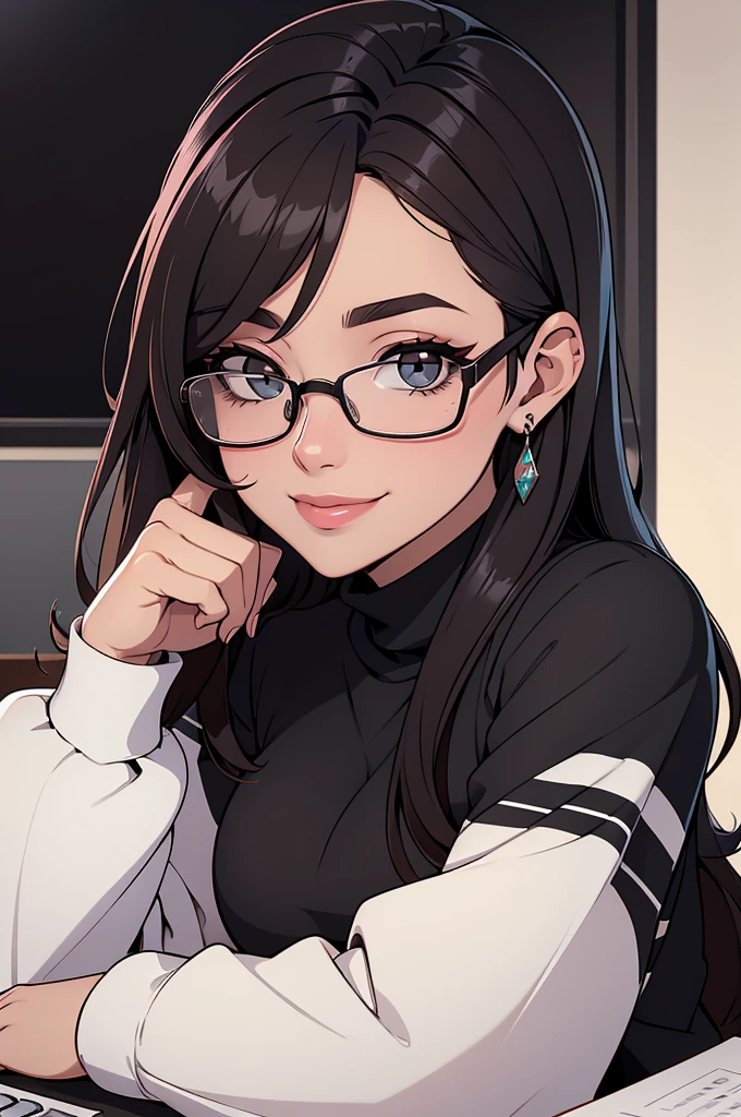 uma linda secretaria usando oculos, num escritorio a noite usando sai curta, usando meias longas pretas,belo sorriso belos olhos negros e sueter branco apertado