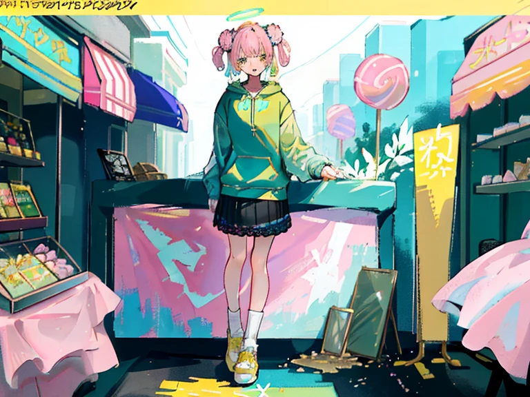 supreme， green down jacket，lime color hair，pink eyes，Standing on your feet，submachine gun，Detailed Genshin graphics，anime character design，anime concept art，pretty anime character design，anime character reference sheet，[Character design]，1girl in, ((Character information)、(Chara Leaf)、pastel dimmed colors, (Yellow color palette.:1.2, Blue:1.2, Pink:1.2), (Blue hair bun and blonde), Short fashionable skirt, Sitting on a throne of sweets and pastries, For example, doughnut, splash, candy, Lollipop, lollipop cane, a cake, cupcake, Cake Pop, Ruffles and lace, polka dot,(Lush pastel dresses), petite girl,Type sheet, Character Sheets, Three types，Shot Full Body，Game Character Design, green color, Green hoodie，