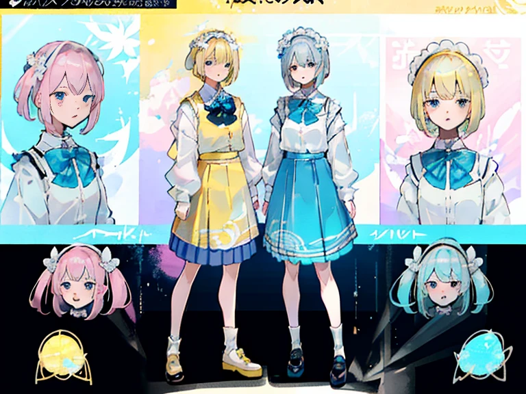 Blue skirt,supreme， white  shirt, blond hair，pink eyes，Standing on your feet，submachine gun，Detailed Genshin graphics，anime character design，anime concept art，pretty anime character design，anime character reference sheet，[Character design]，1girl in, ((Character information)、(Chara Leaf)、pastel dimmed colors, (Yellow color palette.:1.2, Blue:1.2, Pink:1.2), (a beautiful blonde ), Short fashionable skirt, Ruffles and lace, polka dot,(Lush pastel dresses), petite girl,Type sheet, Character Sheets, Three types，Shot Full Body，Game Character Design, yellow bow tie,