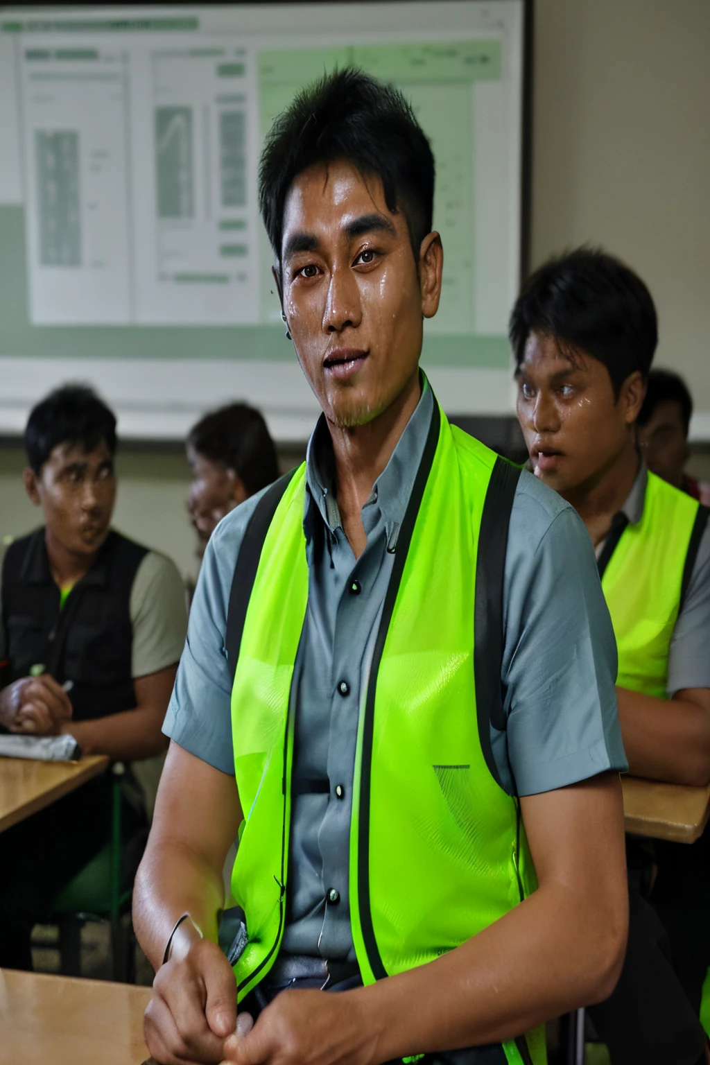 Myanmar safety engineer,he wear green hemelet,wear shirt and reflective vest,at the evening toolbox meeting with their college,his face was eager to learn at the evening,his age was 25,blown skin,70kg weight, he also wear green safety hemelet on his head,his face was animation cartoon face