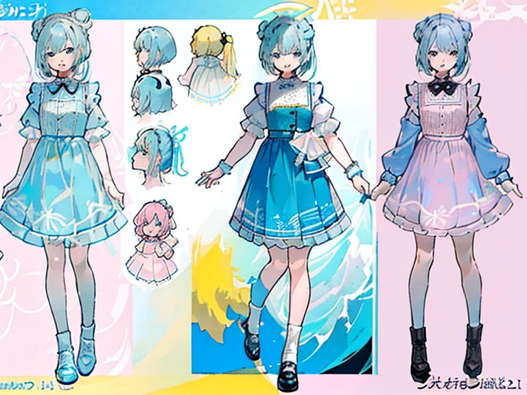 supreme, light-blue hair，blue eyes，Standing on your feet，submachine gun，Detailed Genshin graphics，anime character design，anime concept art，pretty anime character design，anime character reference sheet，[Character design]，1girl in, ((Character information)、(Chara Leaf)、pastel dimmed colors, (Yellow color palette.:1.2, Blue:1.2, Pink:1.2), (Blue hair bun, Short fashionable skirt, Ruffles and lace, polka dot,(Lush pastel dresses), petite girl,Type sheet, Character Sheets, Three types，Shot Full Body，Game Character Design, green color, Pink Dress, white  shirt, Black buttons