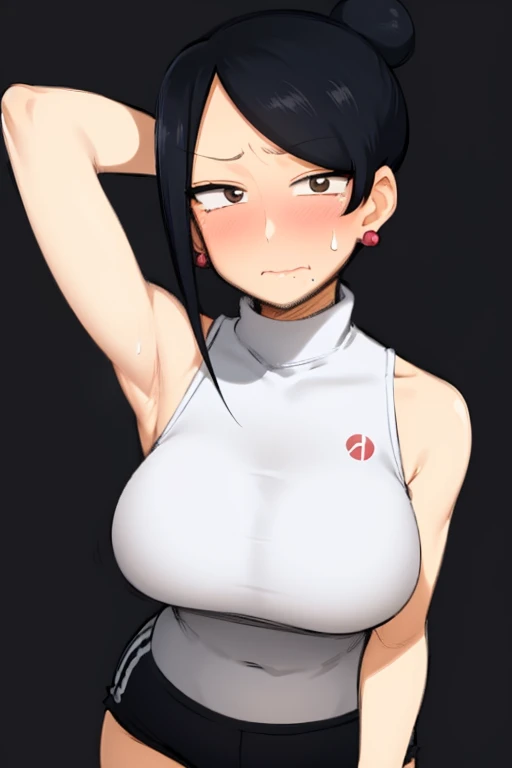 masterpiece, best quality, 1girl, takizawa, solo, black eyes, black hair,  single hair bun, blush, upper body, armpits, arms behind head, arms up,  breasts, earrings,  looking at viewer, mature female,  mole under mouth,  sleeveless,  sweatdrop, sweater, turtleneck,  white background, shorts, volleyball uniform