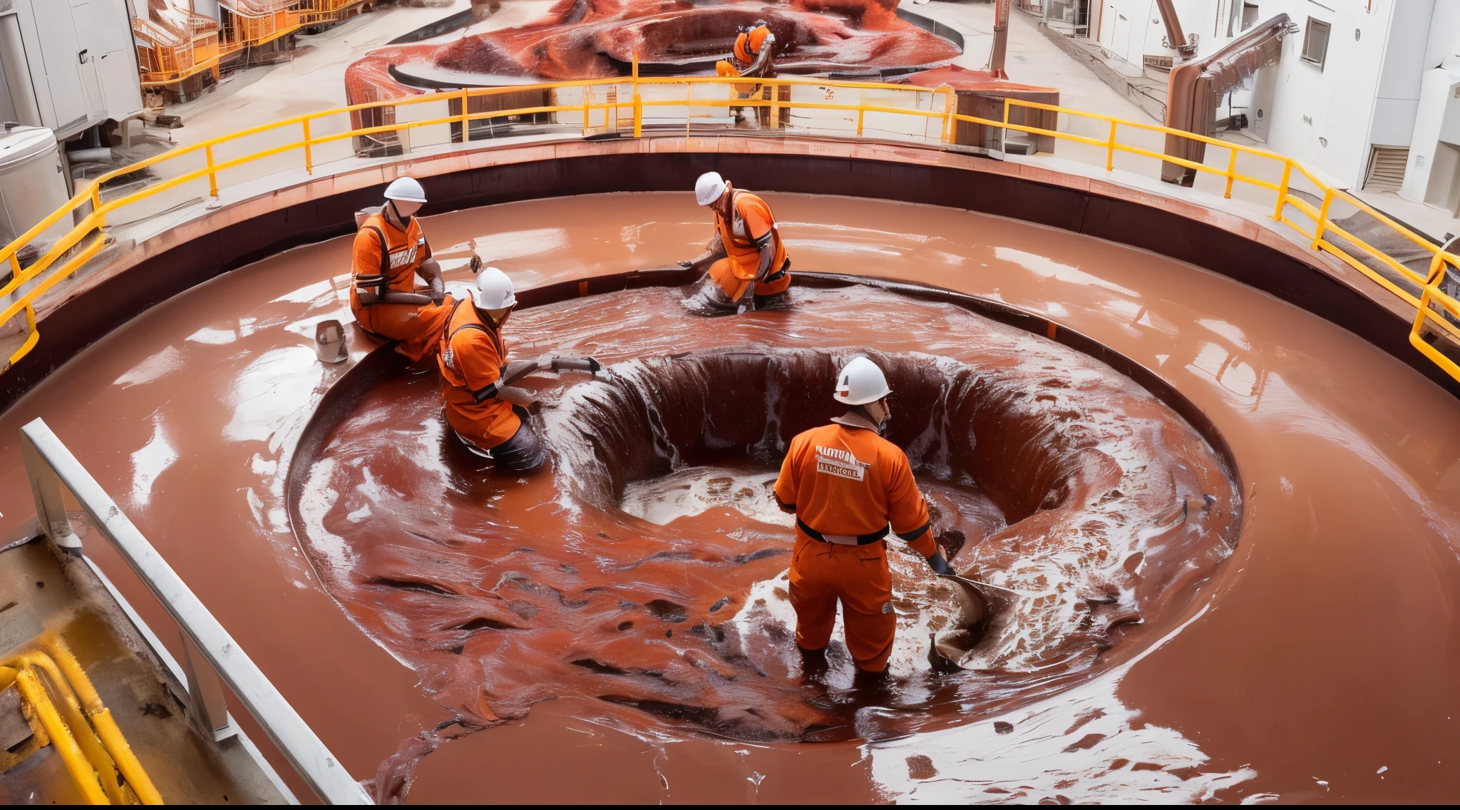 workers in orange uniforms are working on a large milk factory, milk river, swimming in a pool of milk, inspired by Anish Kapoor, tar pit, very very surreal, giygas, cover with a lot of red water, liquid sculpture, smothered in melted milk, realistic image, 16k resolution