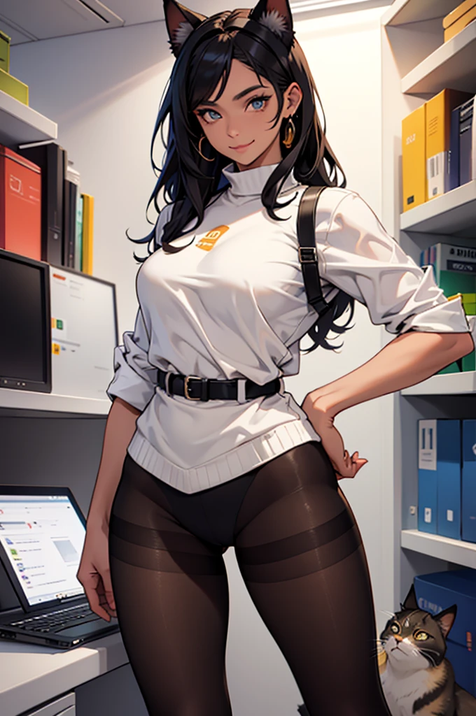beautiful young woman with cat ears on her head, com rosto bem detalhado e bonito, belos olhos, belos olhos, rosto lindo, beautiful young woman wearing black tights, sueter apertado branco, short pantyhose, standing in an office at night, usando salto alto, cabelo curto preto, morena,orelhas de gato, belo sorriso, tomboy, morena, um pouco musculosa