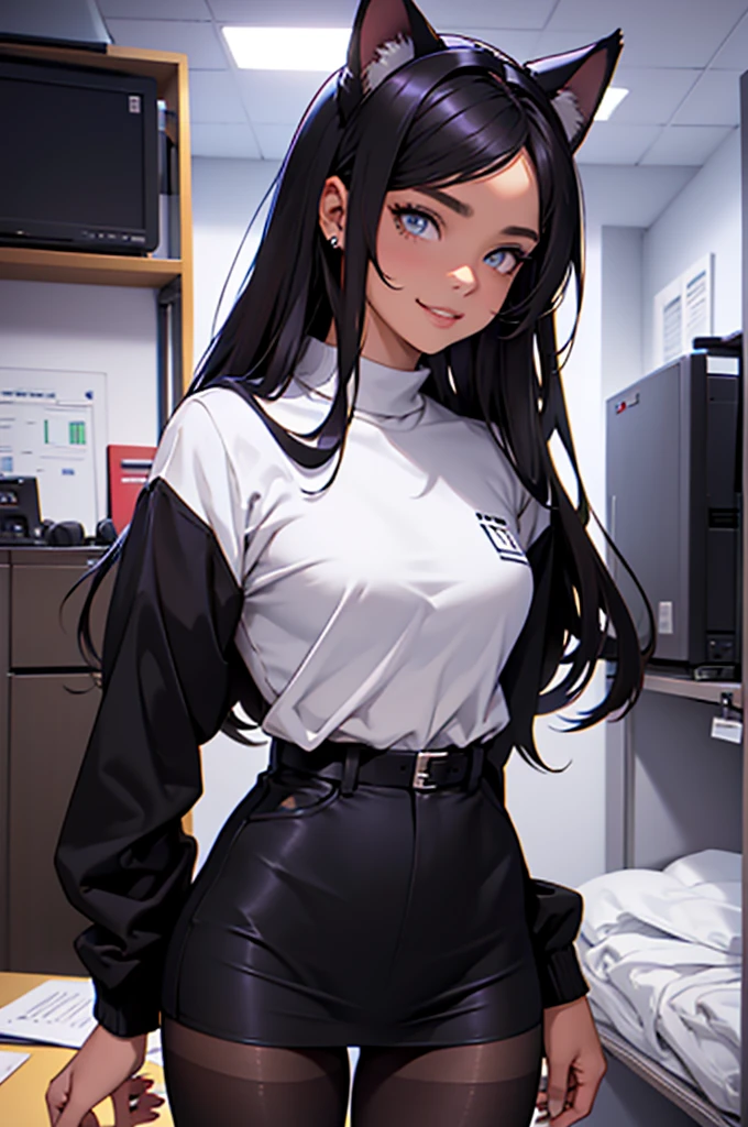 beautiful young woman with cat ears on her head, com rosto bem detalhado e bonito, belos olhos, belos olhos, rosto lindo, beautiful young woman wearing black tights, sueter apertado branco, short pantyhose, standing in an office at night, usando salto alto, cabelo curto preto, morena,orelhas de gato, belo sorriso, tomboy, morena, um pouco musculosa