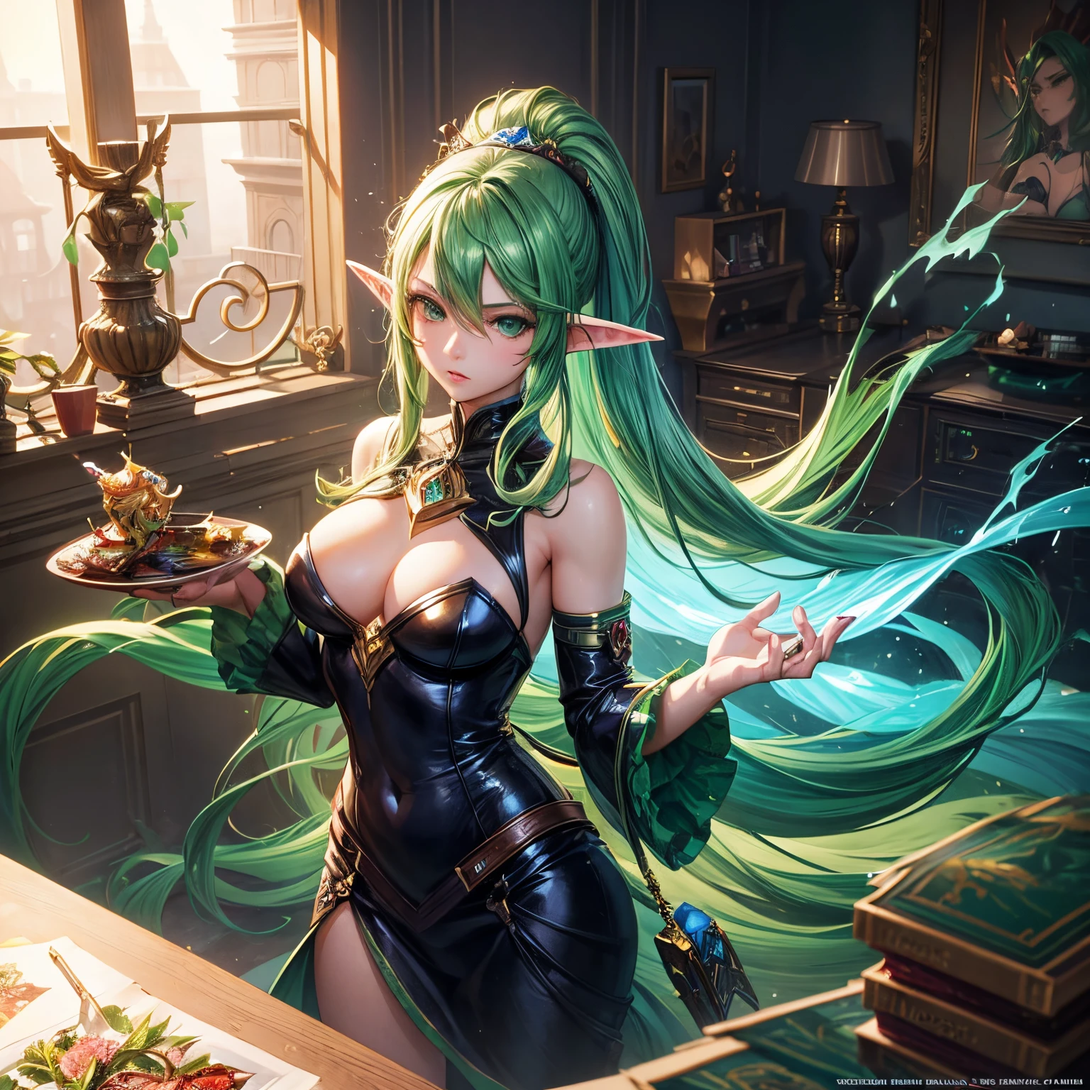 tmasterpiece, Girl with green hair and cuckold standing in the room, Splash ink art, style artgerm, Elf Girl, Murata and artgerm series, It was warm, viwe, art jem style, style of league of legends, Ruan Jia and Artgerm, art jem style, ! dream art jem