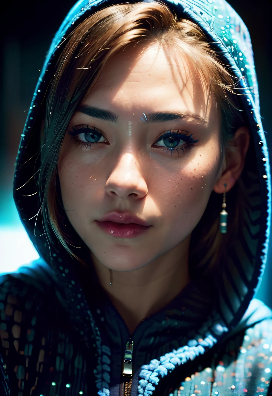 Raw photography、22-year-old girl、Blue Hoodie、(1girl in)、(realisitic)、(Photorealsitic:1.5)、lipsticks、hitornfreckles、Multicolor Hair、a choker、(Raw photography、8K UHD、film grains)、Sharp eyeliner、Blush eyeshadow with thick eyelashes、extremely delicate and beautiful、8K、(Soft lighting)、hightquality、hight resolution、foco nítido、ighly detailed、during the day、(sunlight on face)、beatiful detailed eyes、 extremely detailed eye and face、masterpiece、(lighting like a movie)、(high-detail skin:1.2)、8K UHD、Digital SLR、Soft lighting、hightquality、film grains、masterpiece, top-quality, hightquality, hight resolution