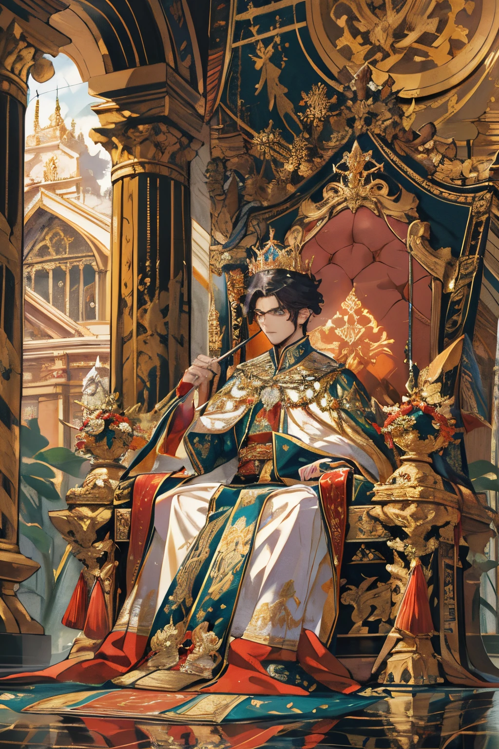 (best quality, highres),young emperor,imperial military style ceremonial attire,holding regalia sword,coronation day,royal chamber,ornate crown,elaborate robe,gilded details,shimmering jewels,polished armor,great stature,determined expression,intense gaze,regal backdrop,throne of gold,historic significance,solemn ceremony,exquisite embroidery,detailed metalwork,lustrous gemstones,fine craftsmanship,grandeur and opulence,royal lineage,strong and powerful presence,majestic aura,imposing figure,commanding respect,rich color palette,elegant lighting,royal symbols and insignia,imperial surroundings,magnificent architecture,ornamental pillars,royal guards in formation,dignitaries and nobles in attendance,anticipation and excitement,festive atmosphere,royal seal of approval,vivid colors,fine brushwork,dynamic composition,splendid regalia,impressive detail.