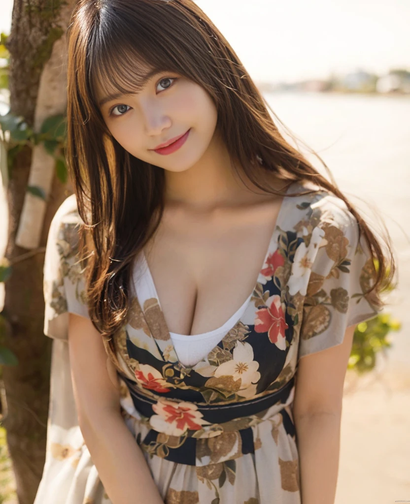 masutepiece, Yukata、Best Quality, Illustration, Ultra-detailed, finely detail, hight resolution, 8K Wallpaper, Perfect dynamic composition, Beautiful detailed eyes, full body Esbian、Stand by the tree、knit,Medium Hair,Natural Color Lip, Bold sexy poses,Smile,Harajuku、20 years girl、Cute、Sexy shot looking at camera、C Cup、Brown hair、cacique#39;s face