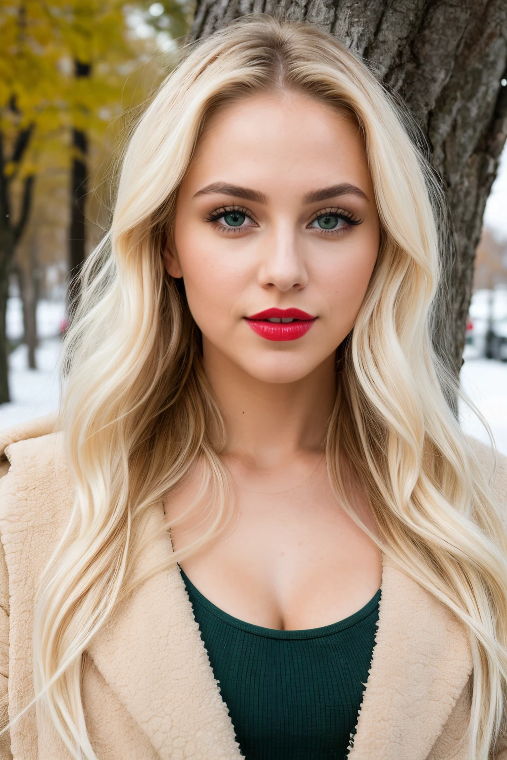 ((best quality)), ((masterpiece)), (detailed), perfect face, Create an image of a beautiful girl with medium wavy platinum blonde hair,. Her expressive green eyes gaze directly into the camera, e The girl is sexy leaning against tree, strong makeup!, red lipstick, and her skin radiatesof this young woman, sexy, medium boobs, gold lace top, women's winter coat fake lashes, strong make up winter time, snow