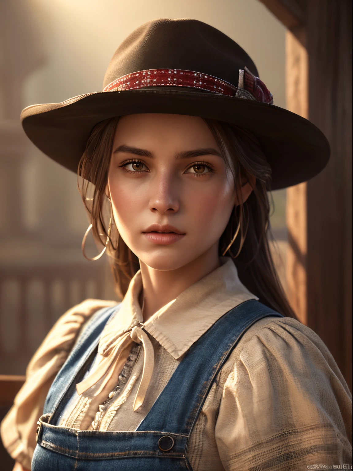 High-quality images,Ultra realistic 1 girl in Old West clothes, Fantasy Art, Photorealistic, Beautiful lighting, art stations, Highly detailed face, 4K, awardwinning, western checkered red and black shirt,with the denim combination,With ultra-high definition images,
