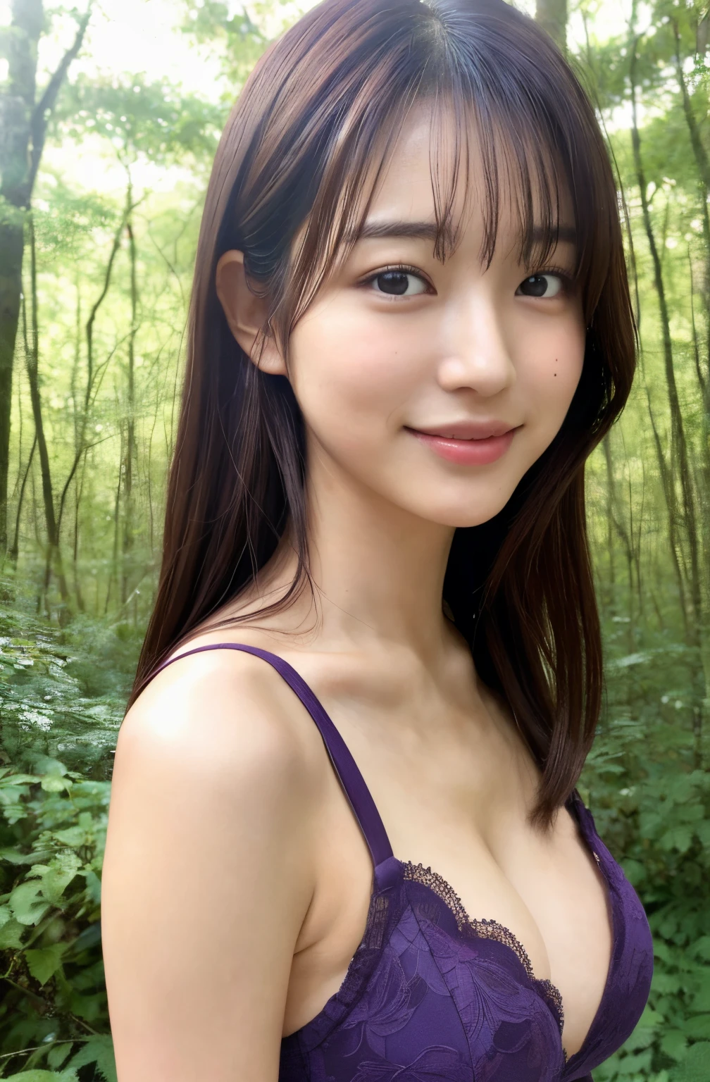 the woods、close-up of woman、Japan Person Model、Young gravure idols、Young cute gravure idol、Realistic Young Gravure Idol、Realistic gravure idol、Young gravure idols、sophisticated gravure idol、奈良美智、Young skinny gravure idol、beautifull asian girl ever、Close-up of a woman walking in the forest in a colorful purple sexy bra and panties、Japan Person Model、Young gravure idols、Young cute gravure idol、Realistic Young Gravure Idol、Realistic gravure idol、Young gravure idols、sophisticated gravure idol、奈良美智、Young skinny gravure idol、beautifull asian girl ever、oppai、full body Esbian、cleavage of the breast((top-quality、8K、masterpiece:1.3))、1girl in、A smile、full body Esbian、Slim Faces、Pretty women、(dark brown hair)、hyperdetailed face、A detailed eye、二重まぶた、