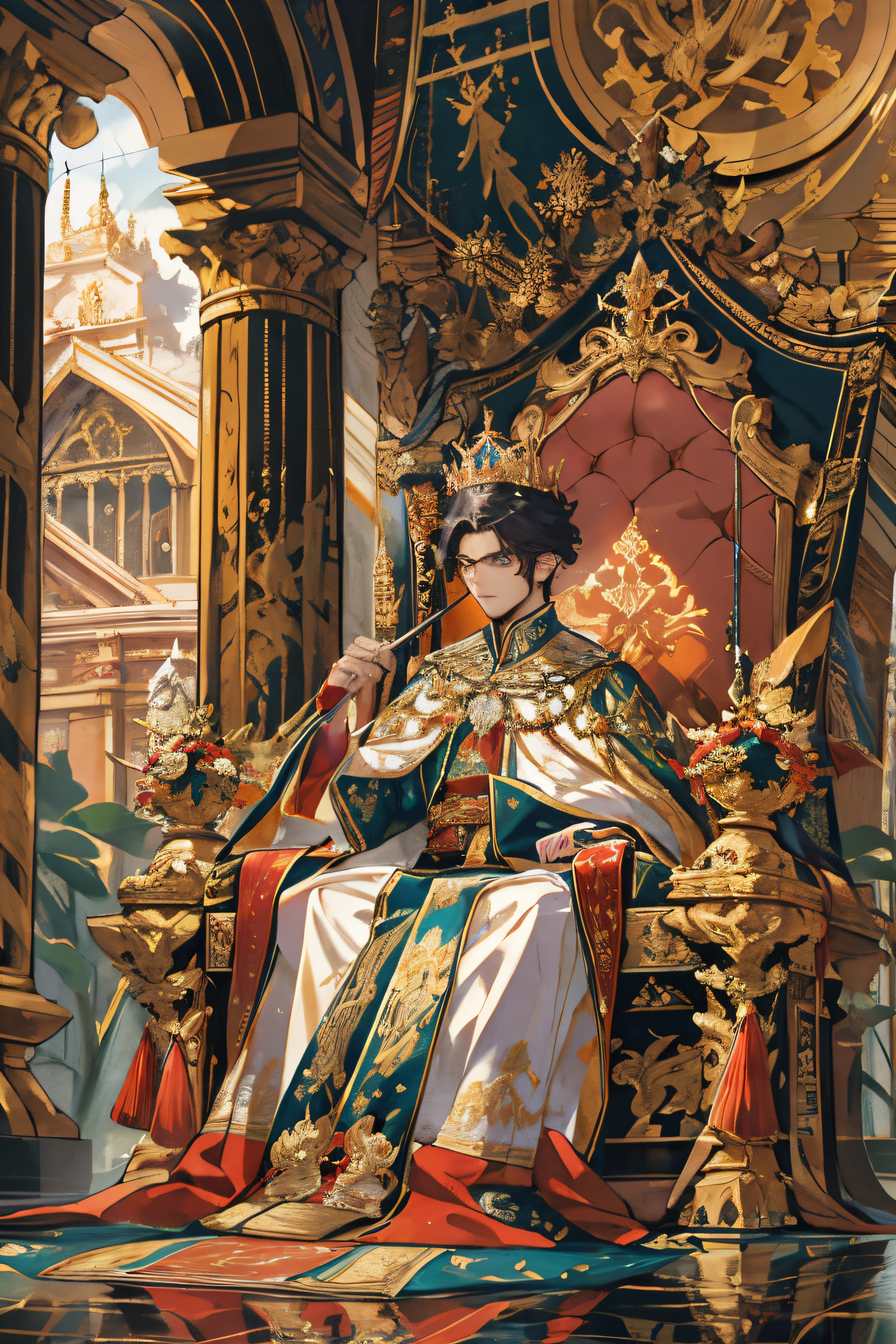 (best quality, highres),young emperor,imperial military style ceremonial attire,holding regalia sword,coronation day,royal chamber,ornate crown,elaborate robe,gilded details,shimmering jewels,polished armor,great stature,determined expression,intense gaze,regal backdrop,throne of gold,historic significance,solemn ceremony,exquisite embroidery,detailed metalwork,lustrous gemstones,fine craftsmanship,grandeur and opulence,royal lineage,strong and powerful presence,majestic aura,imposing figure,commanding respect,rich color palette,elegant lighting,royal symbols and insignia,imperial surroundings,magnificent architecture,ornamental pillars,royal guards in formation,dignitaries and nobles in attendance,anticipation and excitement,festive atmosphere,royal seal of approval,vivid colors,fine brushwork,dynamic composition,splendid regalia,impressive detail.