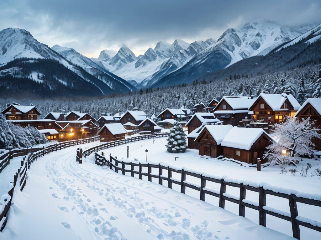 Snowy view of the village with fence and wooden fence, China Village, colorful wall, yuki, yuki, blanketed in a mantle of snow, during snowfall, Snowy winter, winter setting, (yuknow snow, shooting, beautiful snowy landscape, beautiful winter area, snow landscape, Snow in winter, high snow, sunny winter day, Winter in the snow, yuki, The white, maam