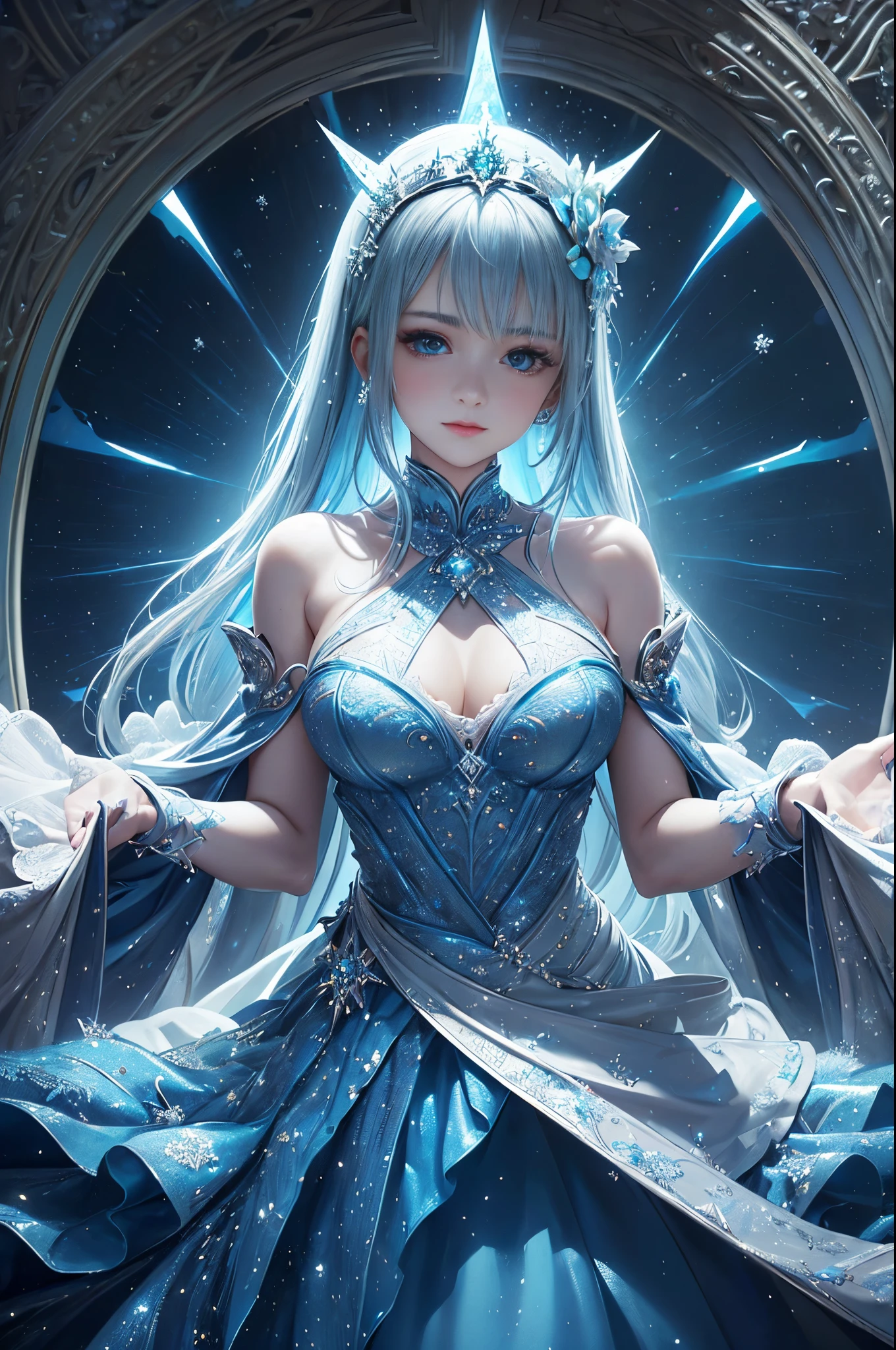 silver and blue tones、((​masterpiece)))、(((top-quality)))、((ultra-detailliert))、(A hyper-realistic)、(highly detailed CGillustration）、light Particle、Halo、Official art、Fractal Art、Geometry learned、Abstract background、Moscow at the beginning of the 20th century、blizzard、Queen of snow、Cool Beauty、Slender eyes、sharp gaze、sophisticated menegance、Gorgeous beauty、Fans、gorgeous dress、diamond encrusted solo、Perfect Angle、perfect-composition