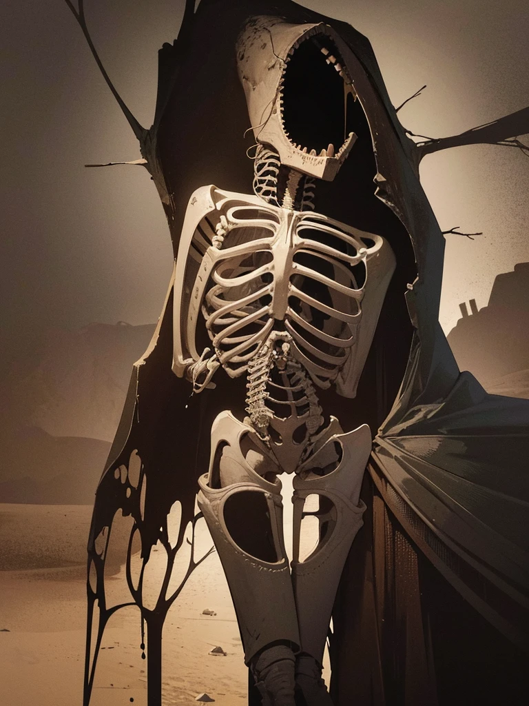 In deep shit, Grave's mouth, Skin and bones, chopped wood, Terrified, Jumping, frightened, shocked, Confused face, Skeletal, ribs showing, anorexic, Out in desert, wasteland, dying, time running out, salvador dali melting clocks, high res, masterpiece