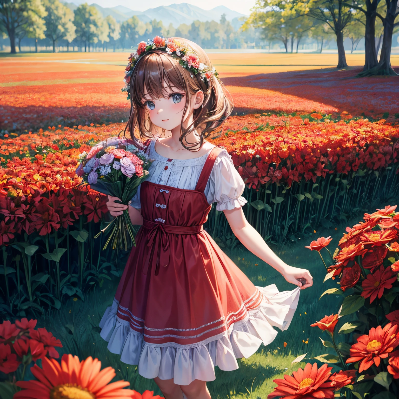 There  a little girl in a red and white dress holding a bouquet of flowers, Girl in the flowers, Pick flowers, Holding flowers, Pick a flower, girl standing in flower field, girl standing in flower field, Inherit the flowers on the cheeks of the human face, girl in a flower field, portrait of girl in flower field, Girl walking in the forest, girl wearing flowers