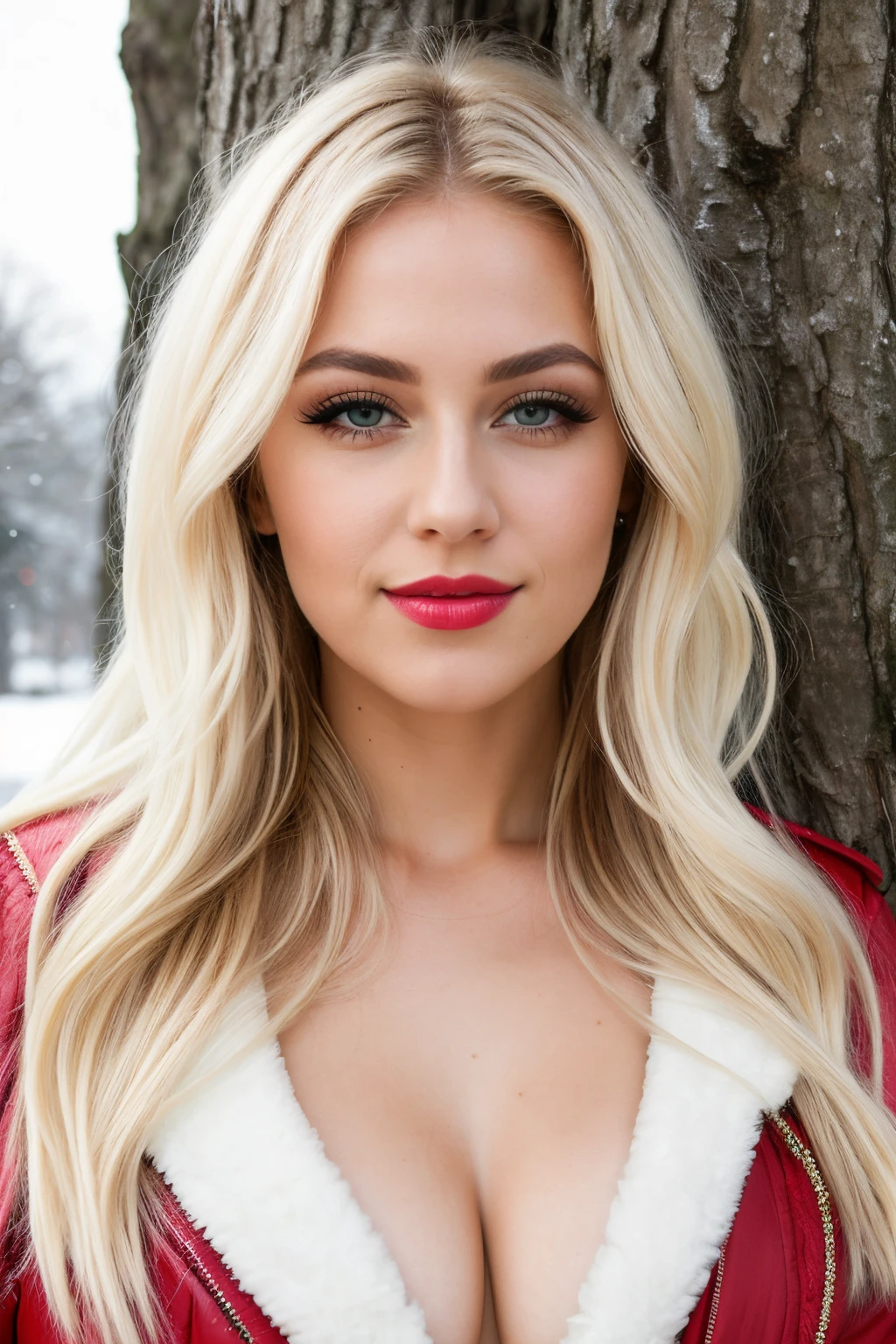 ((best quality)), ((masterpiece)), (detailed), perfect face, Create an image of a beautiful girl with medium wavy platinum blonde hair,. Her expressive green eyes gaze directly into the camera, e The girl is sexy leaning against tree, Very strong makeup!, red lipstick, and her skin radiatesof this young woman, sexy, medium boobs, gold lace top, women's winter coat fake lashes, strong make up winter time, snow, night