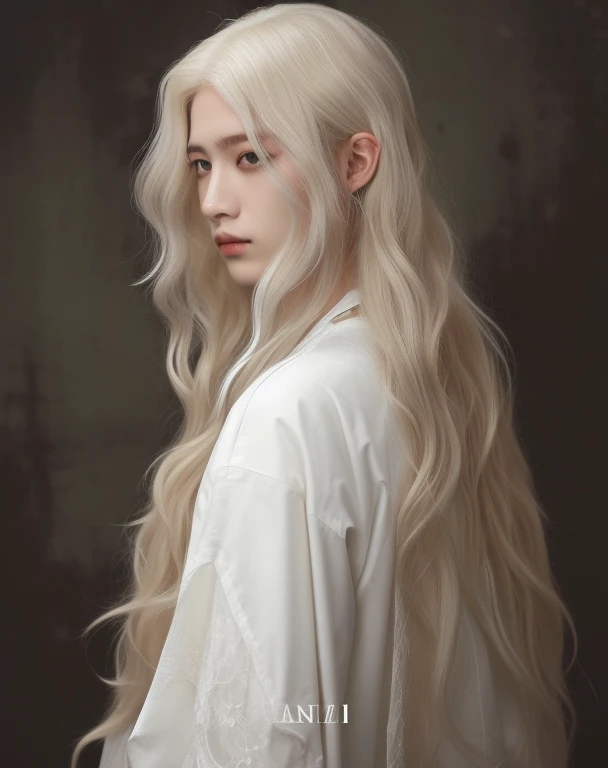 Un primer plano de un chico con el pelo largo y rubio y una camisa blanca, Cabello largo blanco detallado, con pelo largo blanco, con el pelo largo y blanco, Cabello largo blanco ondulado, Cabello blanco largo y suelto, Pelo largo blanco, Cabello blanco largo y ondulado, portrait of a slender elven man, Pelo largo y blanco, beautiful androgynous prince, delicate androgynous prince, Felix, Lee Felix