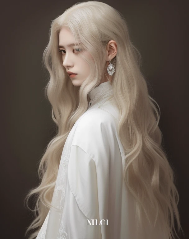 Un primer plano de un chico con el pelo largo y rubio y una camisa blanca, Cabello largo blanco detallado, con pelo largo blanco, con el pelo largo y blanco, Cabello largo blanco ondulado, Cabello blanco largo y suelto, Pelo largo blanco, Cabello blanco largo y ondulado, portrait of a slender elven man, Pelo largo y blanco, beautiful androgynous prince, delicate androgynous prince, Felix, Lee Felix
