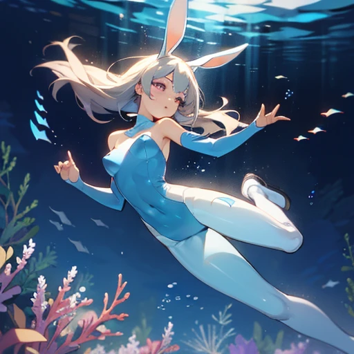 8K, high definition, animated, married, beautiful, small face, beautiful, bright, eye highlights, sexy, erotic, beautiful line drawing.
Light blue skin, blue and orange gradient ear fins, bunny girl, bunny suit, net tights on legs, mature physique, underwater, underwater background, thin thighs, large breasts, black bunny suit, purple eyes,