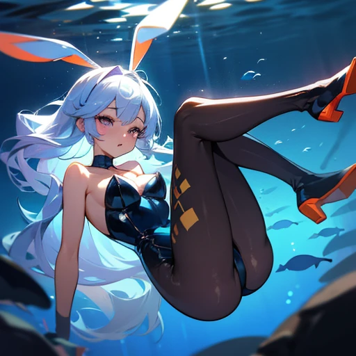 8K, high definition, animated, married, beautiful, small face, beautiful, bright, eye highlights, sexy, erotic, beautiful line drawing.
Light blue skin, blue and orange gradient ear fins, bunny girl, bunny suit, net tights on legs, mature physique, underwater, underwater background, thin thighs, large breasts, black bunny suit, purple eyes,