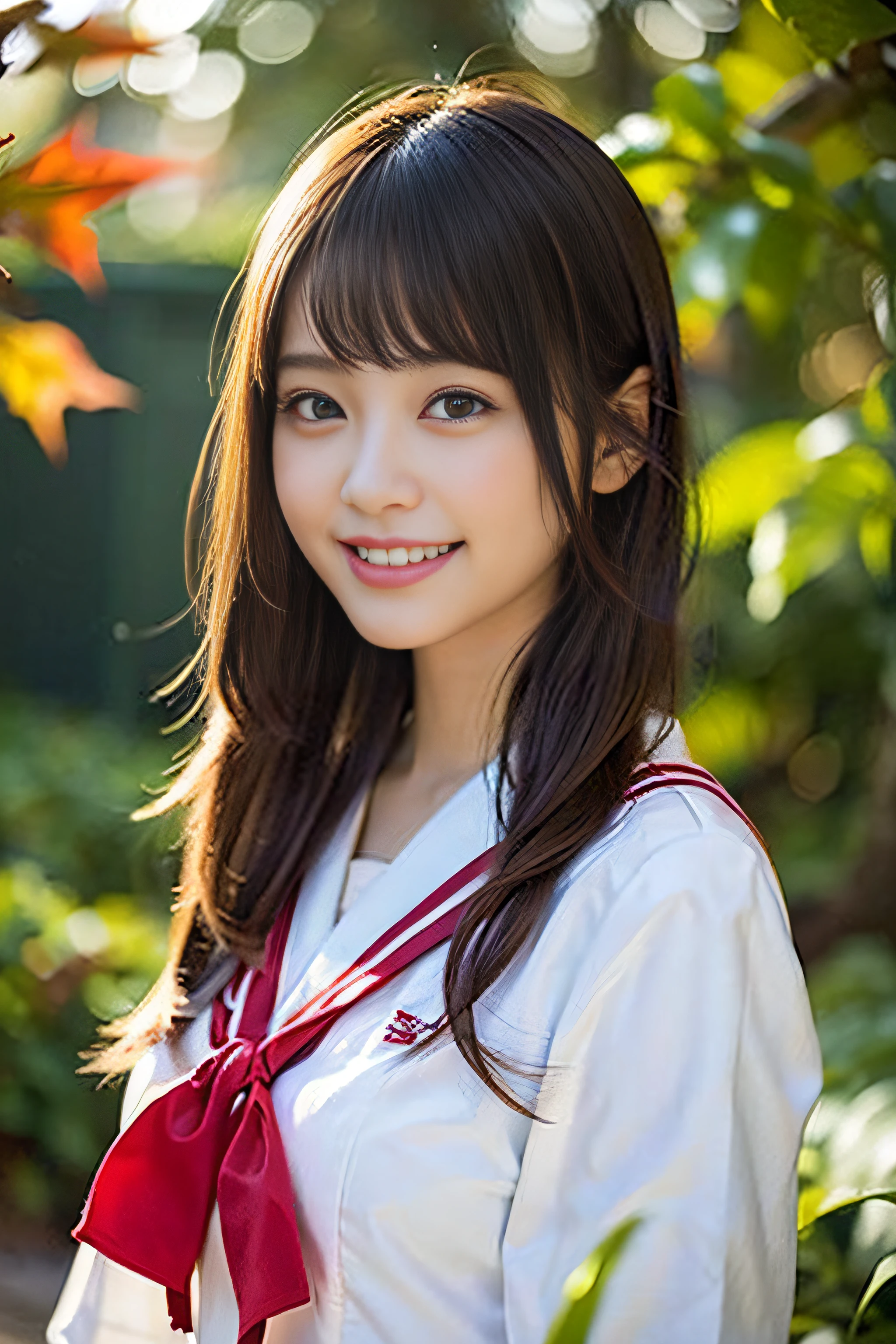 (8K、Raw photography、top-quality、masterpiece:1.2)、(realisitic、Photorealsitic:1.37)、ultra-detailliert、超A high resolution、女の子1人、see the beholder、beautifull detailed face、A smile、Constriction、(Slim waist) :1.3)、Beautiful detailed skin、Skin Texture、Floating hair、Professional Lighting、Whole human body、Longhaire、a blond、japanese hight school uniform、hi-school girl、School route、autumnal、Colored leaves、red ribbon hair、Happy smile、Childish smile、Suppin、Red sailor suit