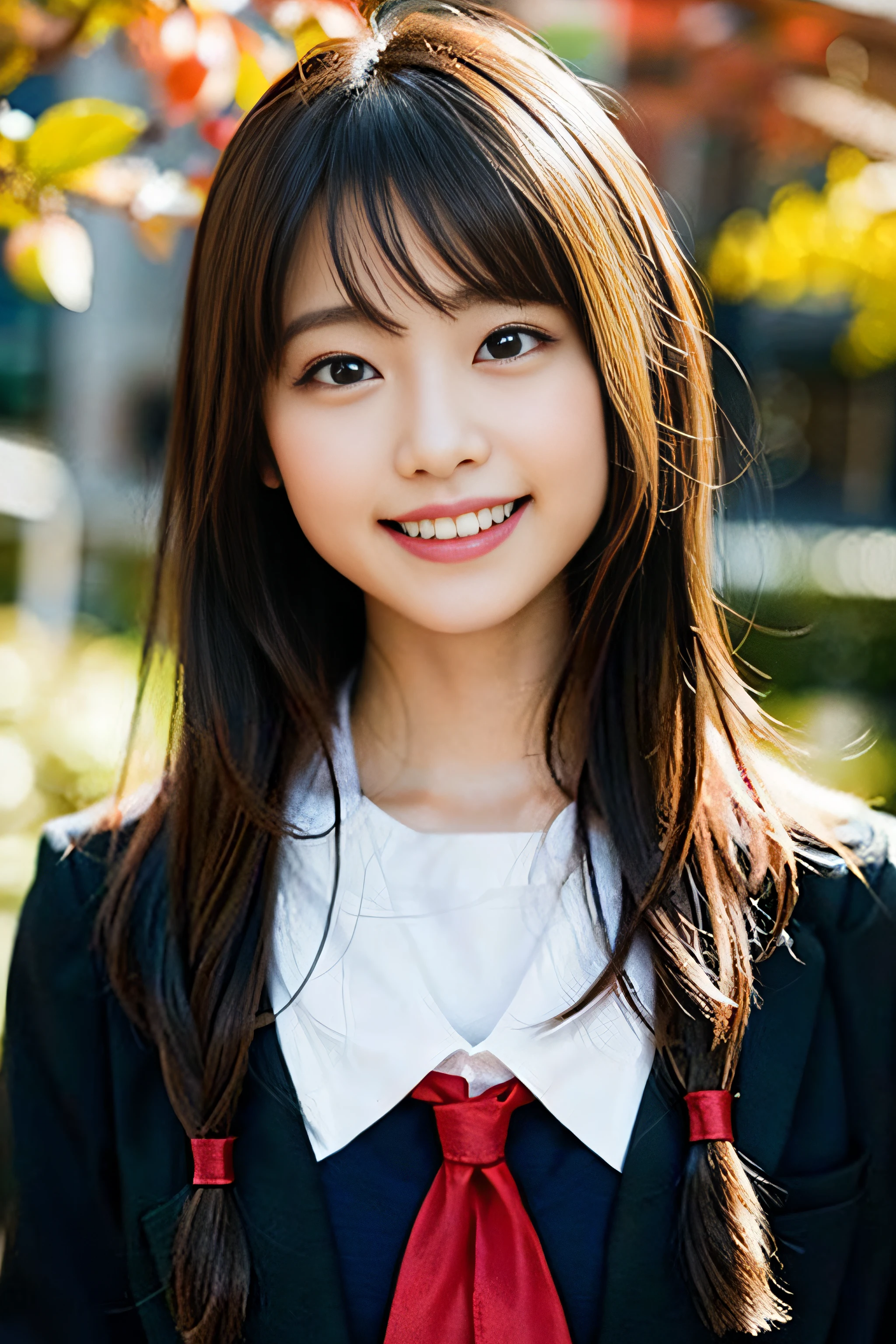(8K、Raw photography、top-quality、​masterpiece:1.2)、(realisitic、Photorealsitic:1.37)、ultra-detailliert、超A high resolution、女の子1人、see the beholder、beautifull detailed face、A smile、Constriction、(Slim waist) :1.3)、Beautiful detailed skin、Skin Texture、Floating hair、Professional Lighting、Whole human body、Longhaire、a blond、japanese hight school uniform、hi-school girl、School route、autumnal、Colored leaves、red ribbon hair、Happy smile、Childish smile、Suppin、Red sailor suit