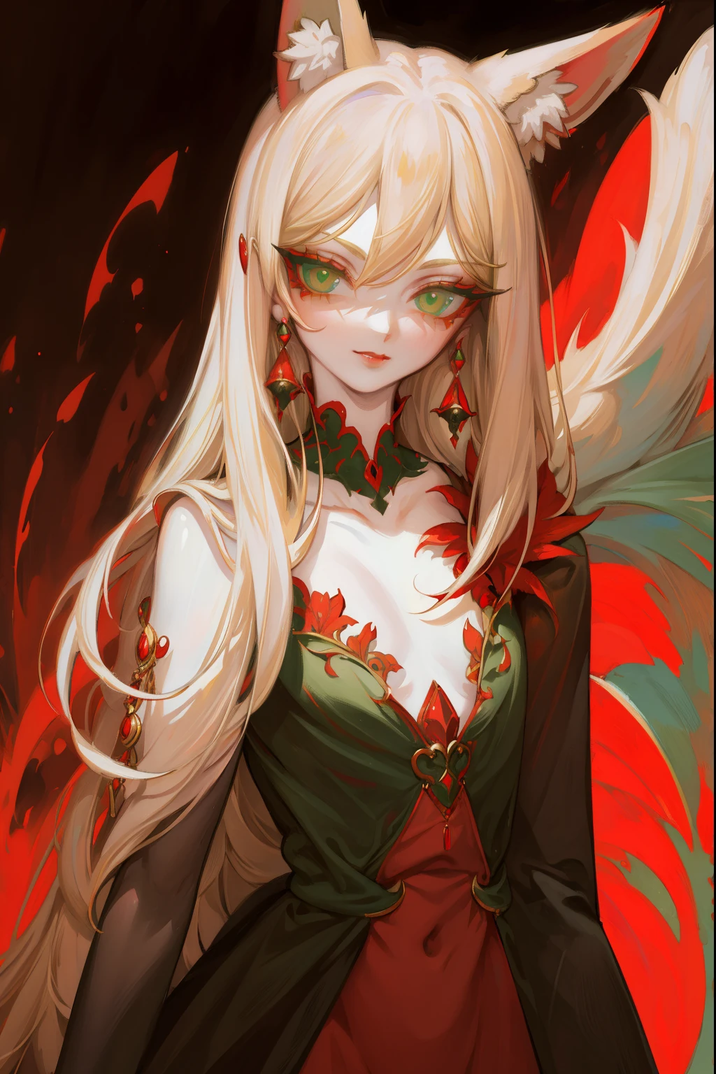 Upper body standing painting, sweetheart, solo, pale-skinned, (Fox ears), Elaborate Eyes, detail in face, Green-eyed, Red Eyeshadow, lips in red, black magic dress, awas, pervert smirk, tmasterpiece, high high quality, minimum, Tiny,
