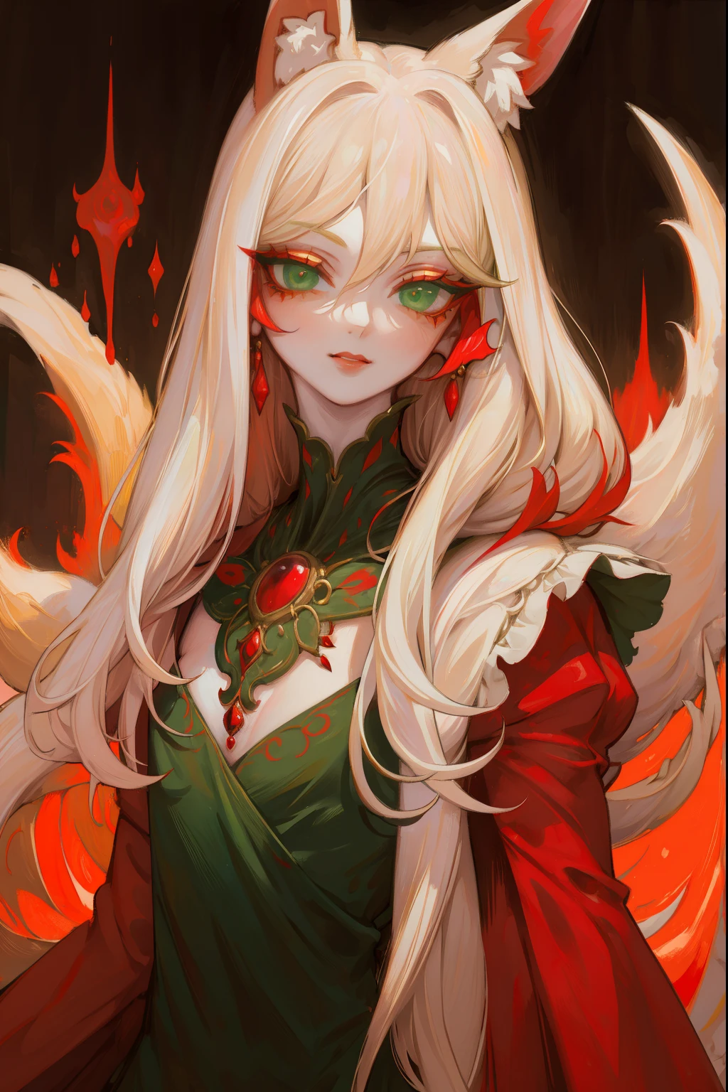 Upper body standing painting, sweetheart, solo, pale-skinned, (Fox ears), Elaborate Eyes, detail in face, Green-eyed, Red Eyeshadow, lips in red, black magic dress, awas, pervert smirk, tmasterpiece, high high quality, minimum, Tiny,