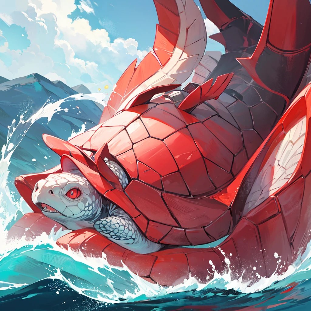 A turtle swimming in the water，red color eyes，clawed paws，scutes