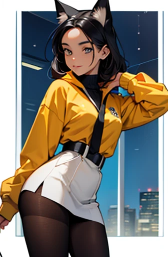 beautiful young woman with cat ears on her head, com rosto bem detalhado e bonito, belos olhos, belos olhos, rosto lindo, beautiful young woman wearing black tights, sueter apertado branco, short pantyhose, standing in an office at night, usando salto alto, cabelo curto preto, morena,orelhas de gato, belo sorriso, tomboy, morena, um pouco musculosa