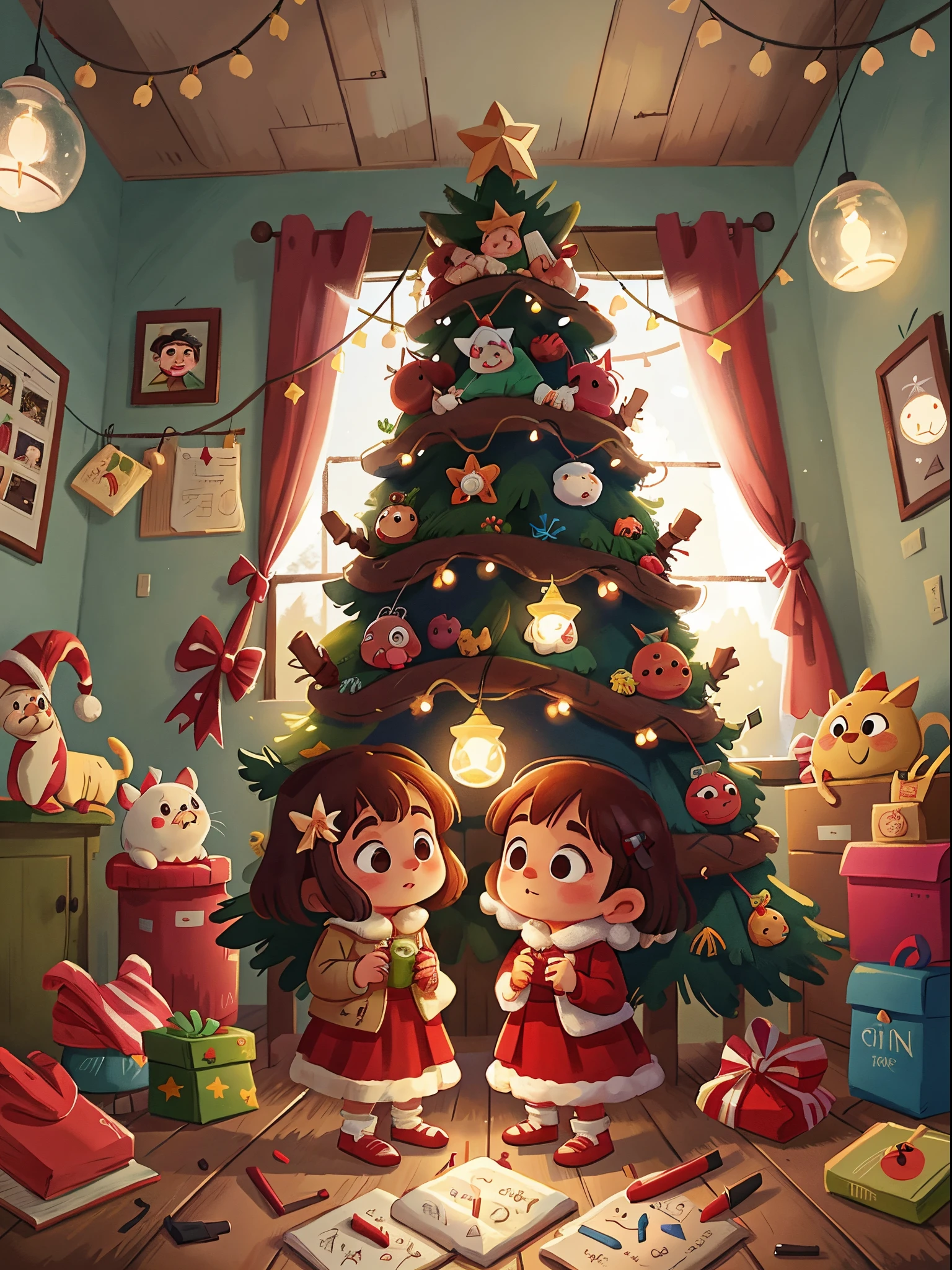 Winters，christmalat illustration，Two little children decorating Christmas tree，giftedium Shot Shot，8K