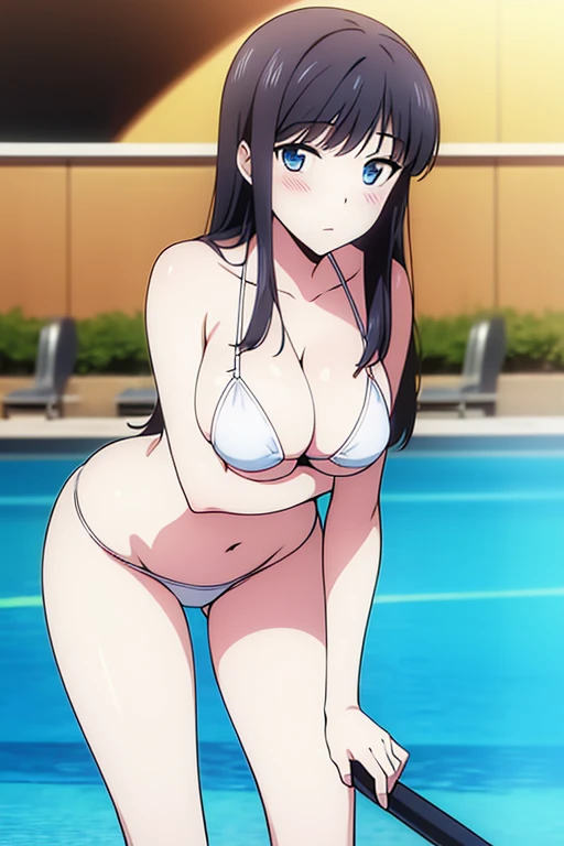 (masterpiece, best quality, high resolution, anime colored, 8k, photorealistic), Miyuki, 1girl, blush, black hair, long hair, hime_cut, blue eyes, (sagging huge breast:1.5, cleavage), (white micro bikini:1.5), covered nipples, slim, arms down, (leaning forward:1.5, upper body:1.5), breast focus, pool, blue sky, sunlight, (perfect detailed anatomy, perfect detailed full body, beautiful detailed hair, beautiful detailed face, beautiful detailed eyes, beautiful detailed breast, beautiful detailed bikini)