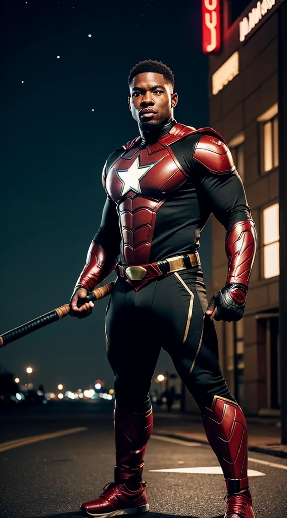 A hyperrealistic, cinematic-still portrait of a black man superhero wearing a black and red impenetrable superhero outfit with a martial arts sai on the back and in hand a 3 foot stick has different gadgets built inside, standing in a heroic pose front view, with a determined expression and a backdrop of a star-filled night sky. Black man 22, rapper by day superhero by night