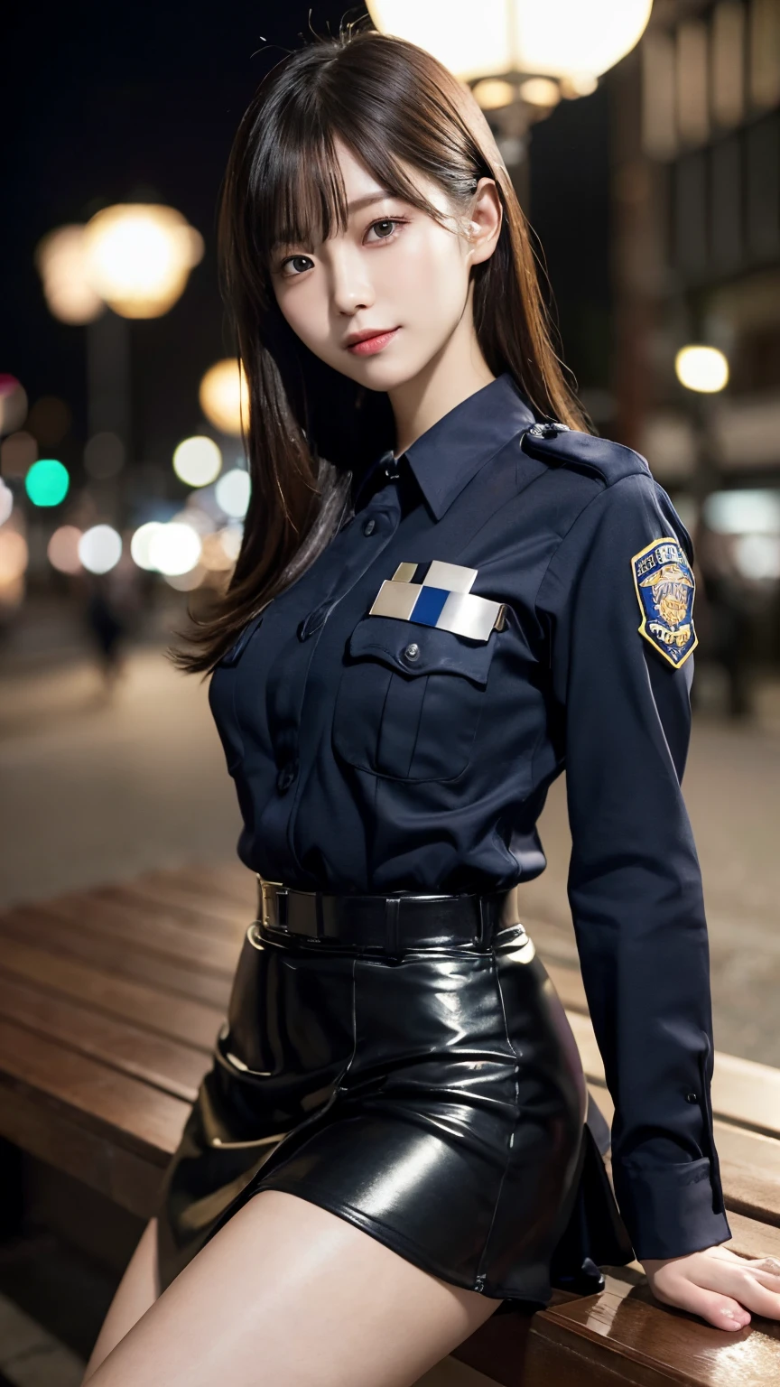 Innocent 20 year old girl、((Japan Police Officer, sexy police uniform, Skirt, Cute and elegant, Dramatic poses)),Smile,night city background,short-cut、Raw photo, (8K、top-quality、​masterpiece:1.2)、(intricate detailes:1.4)、(Photorealsitic:1.4)、octane renderings、Complex 3D rendering ultra detail, Studio Soft Light, Rim Lights, vibrant detail, super detailing, realistic skin textures, Detail Face, Beautiful detail eyes, Very detailed CG Unity 16k wallpaper, make - up, (detailedbackground:1.2), shinny skin, Full body,Hands down、Spread your legs and show your panties,sit on a bench