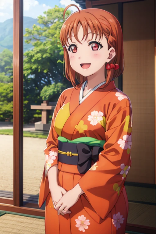 (((pixel perfect, Detail Perfect))),Solo, 1girl in, Chika Takami, bowtie, Looking at Viewer, Smile, :D,red orange kimono,Furisode,Kimono,shrines