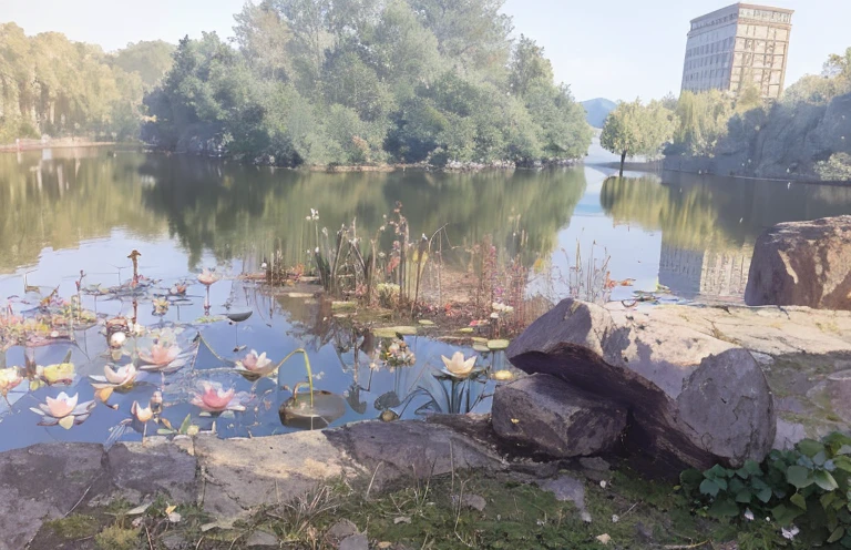 There  a big stone in the middle of the lake, In the park and by the lake, Photo of the lake on a sunny day, Lake in the background, it grows naturally around cities, Small lake, Detailed lake in background, in a pond, Lotus pond, river with low hanging plants, lake foreground, lake in foreground