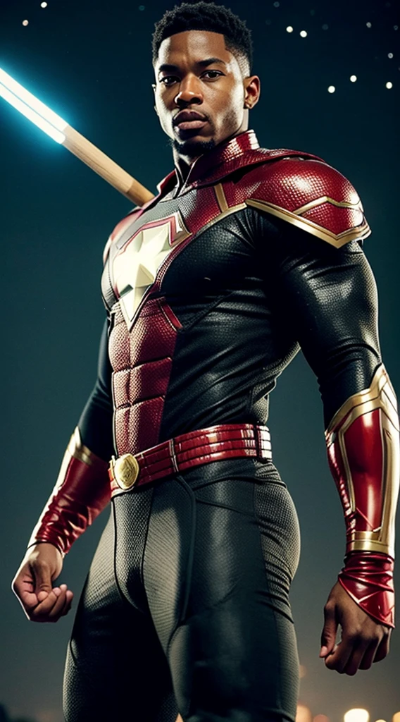 A hyperrealistic, cinematic-still portrait of a black man superhero wearing a black and red impenetrable superhero outfit with a martial arts sai on the back and in hand a 3 foot stick has different gadgets built inside, standing in a heroic pose front view, with a determined expression and a backdrop of a star-filled night sky. Black man 22, rapper by day superhero by night