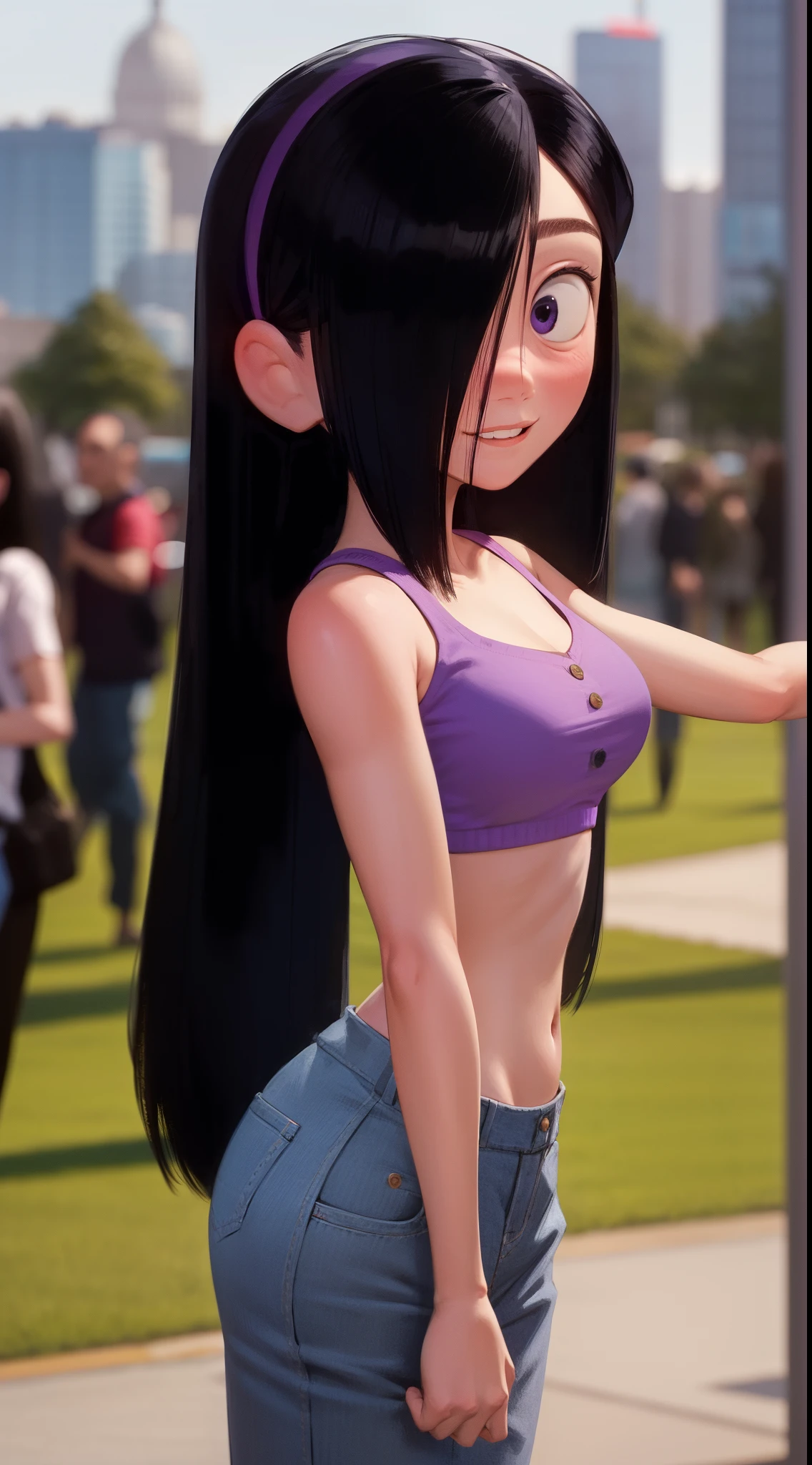 masterpiece,best quality,1girl,violetparr,long hair,black hair,hair over one eye,hairband,upper body,solo,smile,looking at viewer,city,blurry background, black middriff