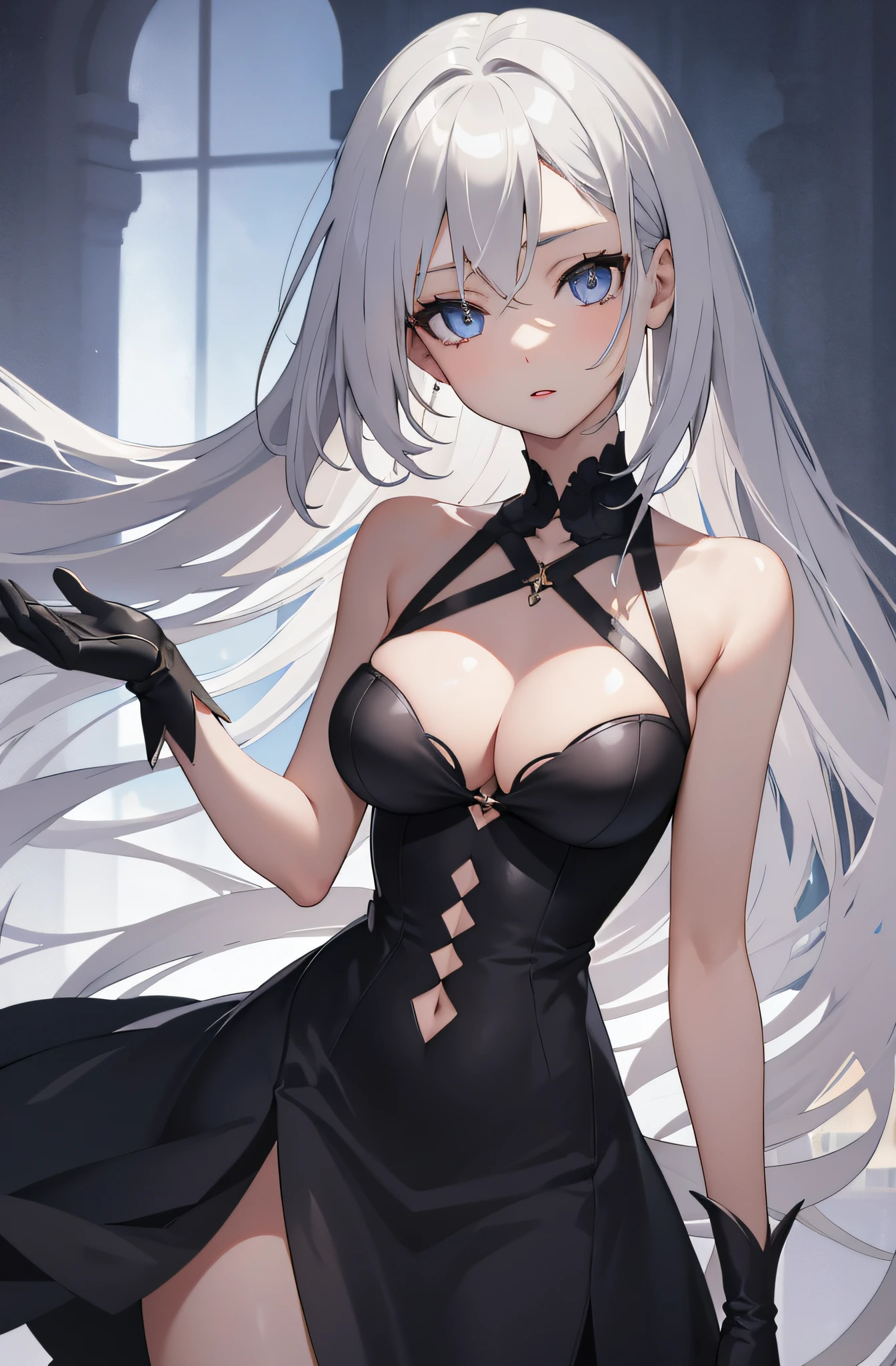 1girl, anime, cute girl, blank background, white background, fantasy, detailed dark fantasy dress with highlights, beautiful face, beautiful eyes, dark colors, silver hair, medium breasts, slight cleavage, beautiful skin, cute, breast curtains, extremely delicate and beautiful, (beautiful detailed face:1.0), (detailed deep eyes), symmetrical breasts, deep eyes, shiny skin, portrait, slender waist, hips wider than shoulders, thighs, young girl, expressionless
