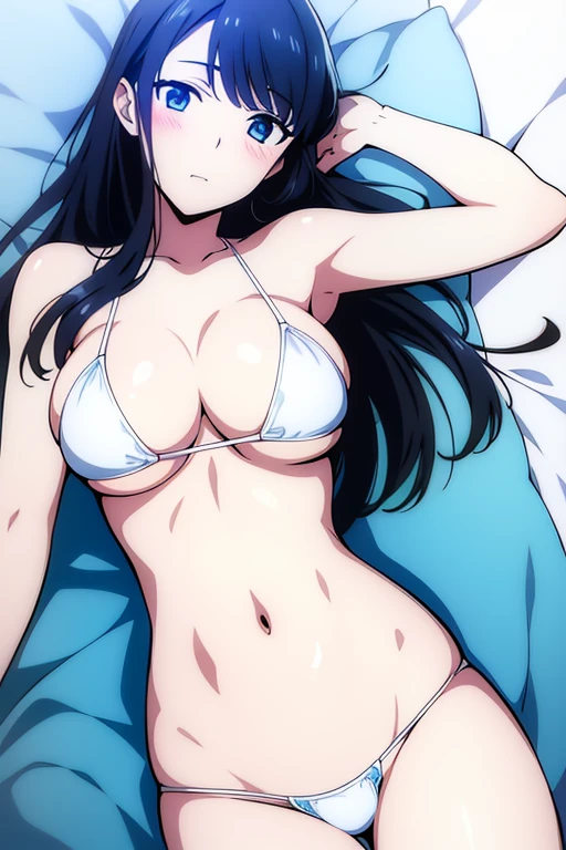 (masterpiece, best quality, high resolution, anime colored, 8k, photorealistic), Miyuki, 1girl, blush, black hair, long hair, hime_cut, blue eyes, (sagging huge breast:1.5, cleavage), (white micro bikini:1.5), covered nipples, slim, arms down, (lying, on back:1.5, upper body:1.5), breast focus, pool, blue sky, sunlight, (perfect detailed anatomy, perfect detailed full body, beautiful detailed hair, beautiful detailed face, beautiful detailed eyes, beautiful detailed breast, beautiful detailed bikini)