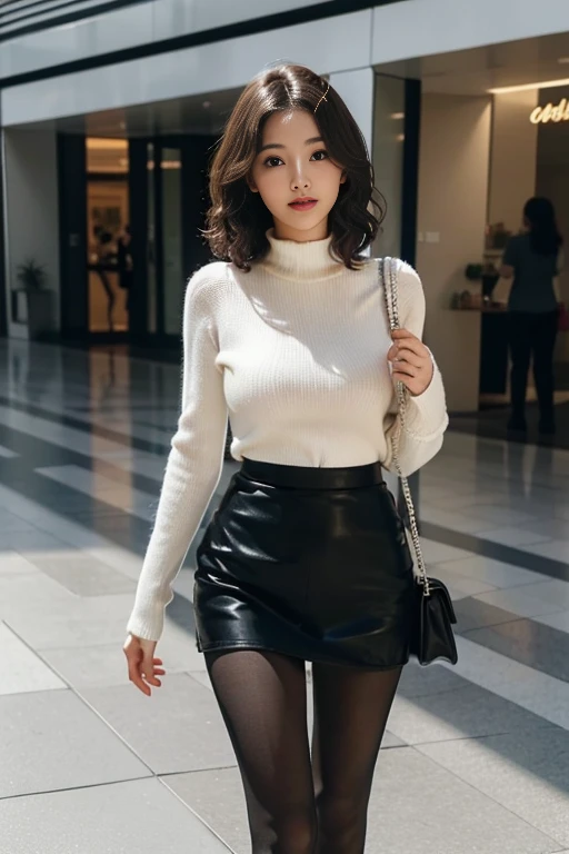 Best quality at best, full-body portraits, (s delicate face:1.1), (pretty face:1.1), slimfigure, whitesweater,(black pantyhoses:1.1), curlies,cabelos preto e longos,cute big breasts,ssmile,legs long,Walk in the mall,(short skirt:1.1),high-heels,asiagirl