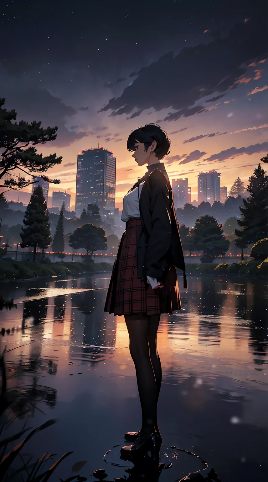 ((​masterpiece)), ((top-quality)), (hight resolution), (extremely detailed CG unified 8k wallpaper),(Near and far law),(beautiful night scene:1.4),(projected inset),(((very dark background))),depth of field,(Midnight:1.4),midwinter,(cloudy ash sky:1.2),(Detailed Shinjuku Gyoen National Garden), (In the midst of falling snow:1.4),(from behind),((Chilling Wind)),(Large snow:1.4),((Wear a long coat)),(Standing in the detailed Shinjuku Gyoen National Garden 1.4),TOKYOcty,Shinjuku,Shinkai Makoto style,(Garden of Words:1.3),(Loud shouting gesture:1.4),((Put your hands on your chest)),Black pantyhose,((Detailed distant cityscape)),Residential area,condominium,apartament,looking at the city,serene ambiance.(Pixie Cut),Hair in the ears,Profile of the character,1 cute high school girl,(large full breasts:1.2),Cute Uniform,Long skirt with red plaid pattern,sleeveless,Photorealsitic,Background Focus,Panoramic shooting,f/2.8,35m,Beautiful lighting,光线追踪