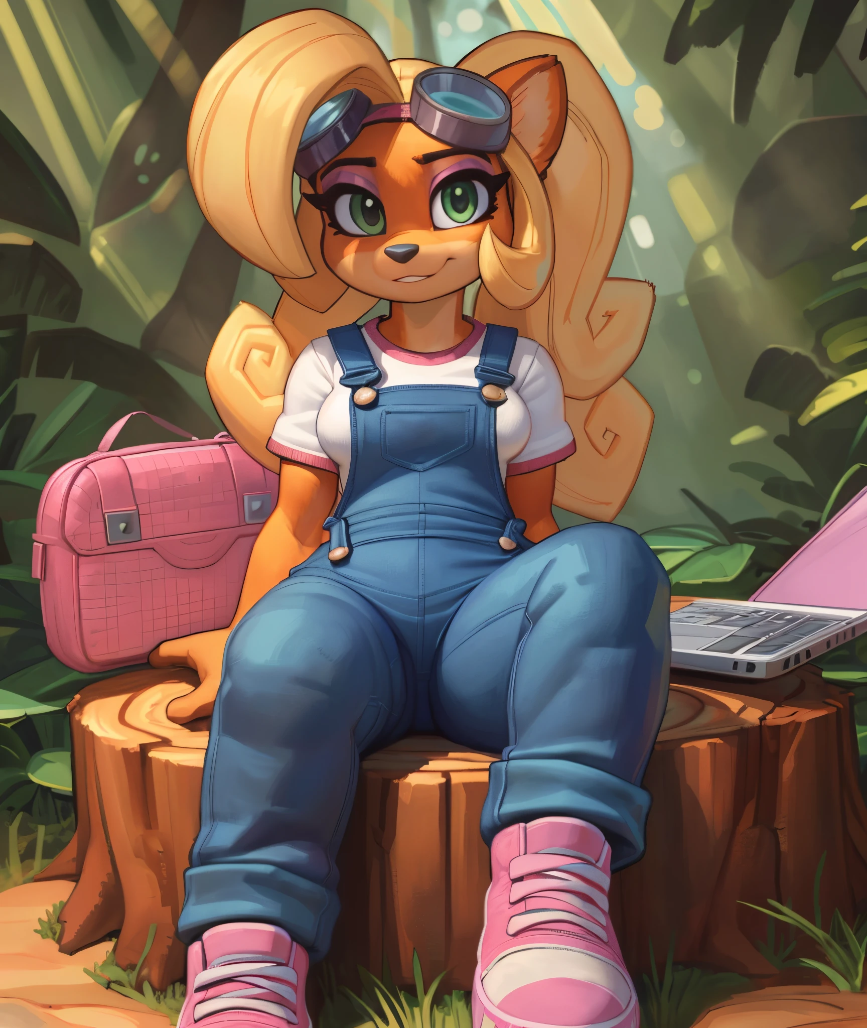 [Coco bandicoot], [Uploaded to e621.net; (Pixelsketcher), (wamudraws)], ((masterpiece)), ((HD)), ((solo portrait)), ((full body)), ((front view)), ((shoes visible)), ((furry; anthro)), ((detailed fur)), ((detailed shading)), ((beautiful render art)), (intricate details)), {anthro; orange fur, black nose, (cute green eyes), (pink eyeshadow), blonde curly hair, curly ponytail, (small boobs), (curvy hips), (expressionless)}, {(white shirt), (blue denim overalls), (tight pants), (pink sneakers), (goggles on head)}, {(sitting), (pink laptop on lap), (looking at viewer)}, [background; (tropical forest), (tree stump), (sun rays), (pink laptop in background)]