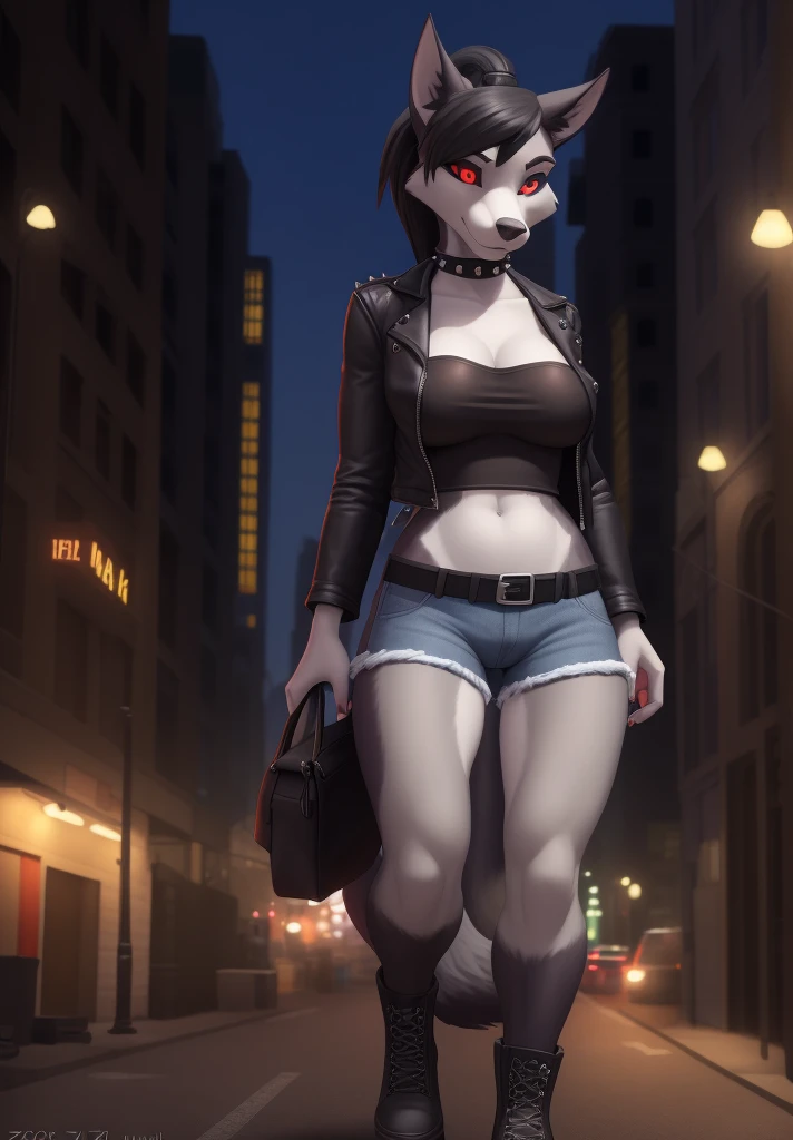 anthro, ((hellhound)), ((dark grey fur)), female, solo, 1woman, medium breasts, ((denim shorts)), ((leather jacket)), ((tube top)), ((red sclera)), ((white eyes)), wolf tail, ((black ponytail)), ((black hair)), city street scene, courier bag, spellbook, on e621, zaush, by zaush, solo, perfect anatomy, ((grey belly)), hair detailed correctly), mom, choker spiked collar, thicc, (seductively)), detailed body, finely detailed eyes, tail, front view, looking at the observer with an embarrassed smile, perspective, finely detailed paws, punk style, female focus, 8k quality, ultra realistic, 3d render, digital art, camel toe, (nipple bumps), belt,